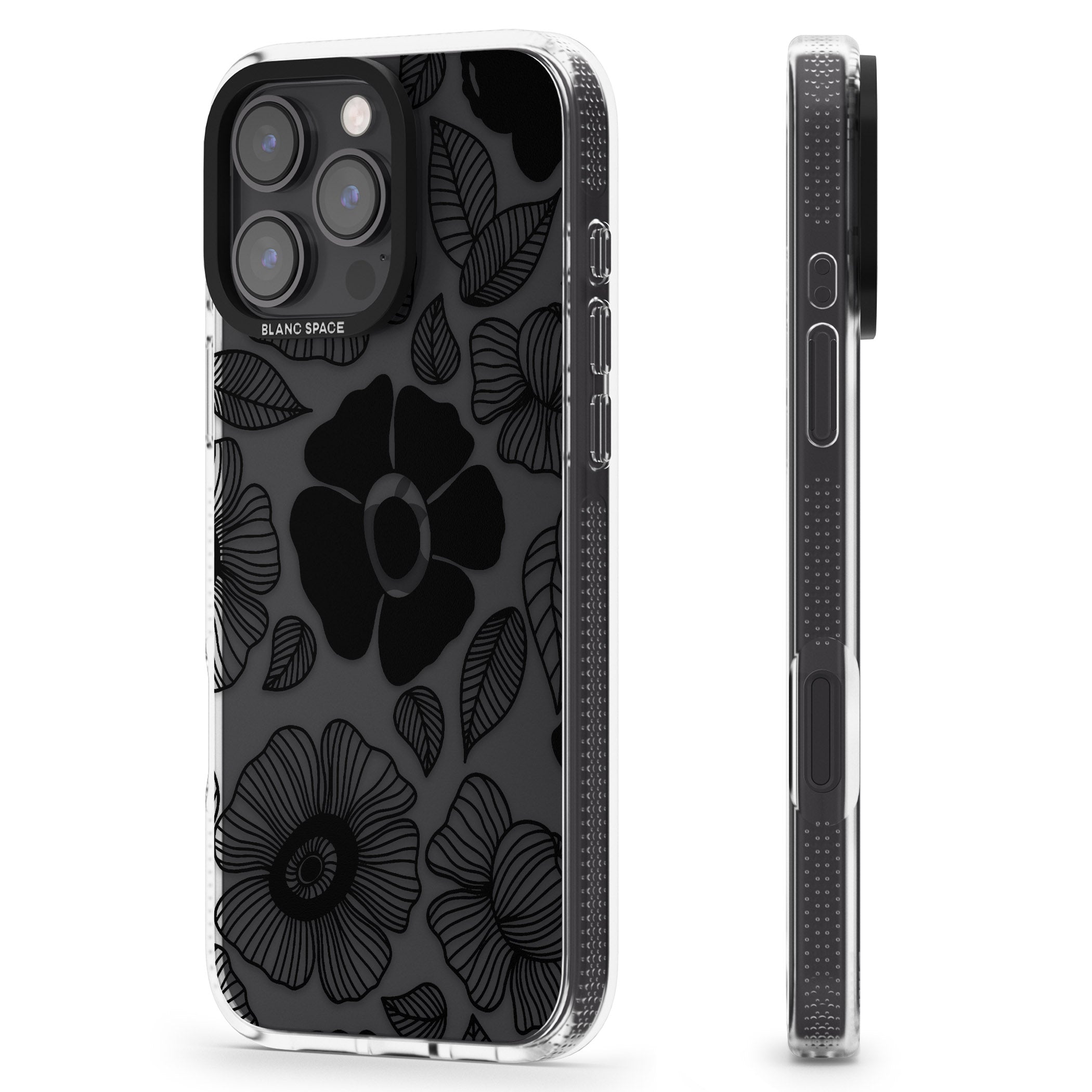 Black Flowers iPhone 16 Pro Max / 16 Pro Clear Case Impact Air - Blanc Space