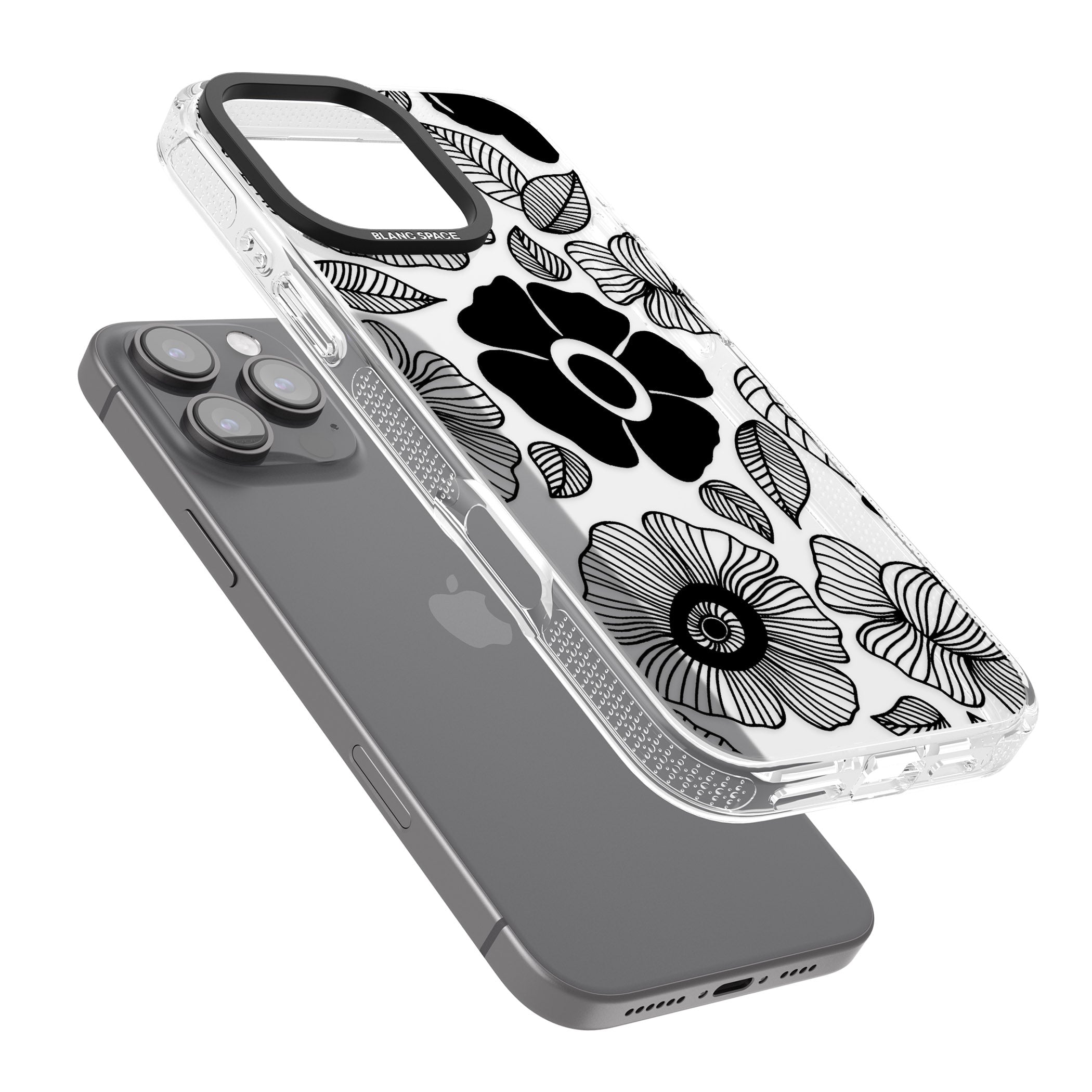 Black Flowers iPhone 16 Pro Max / 16 Pro Clear Case Impact Air - Blanc Space