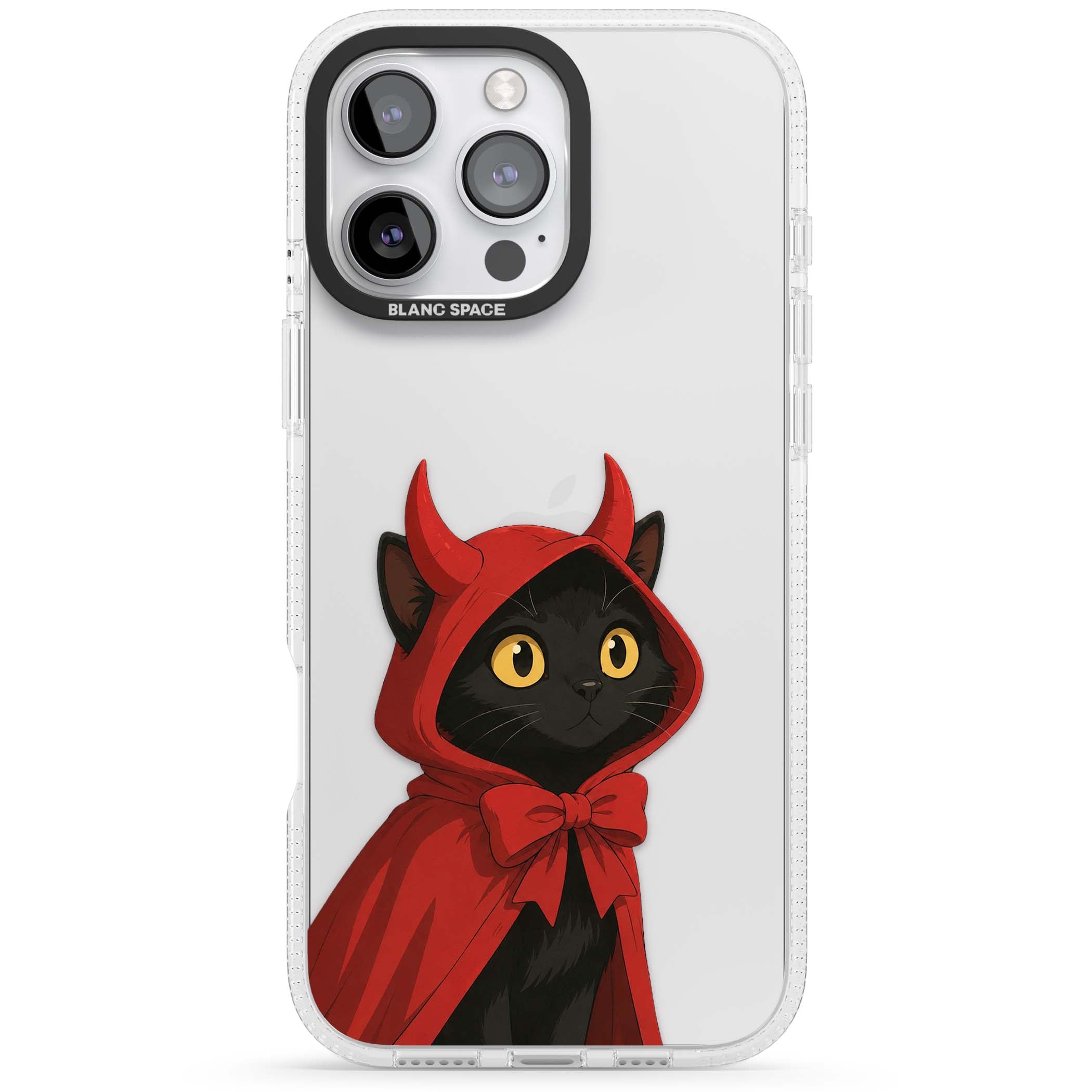 Little Devil halloween iPhone case featuring a black cat in a red hooded devil cloak with horns and golden eyes | Clear Case Impact Air case for iPhone 16 Pro, iPhone 16 Pro Max