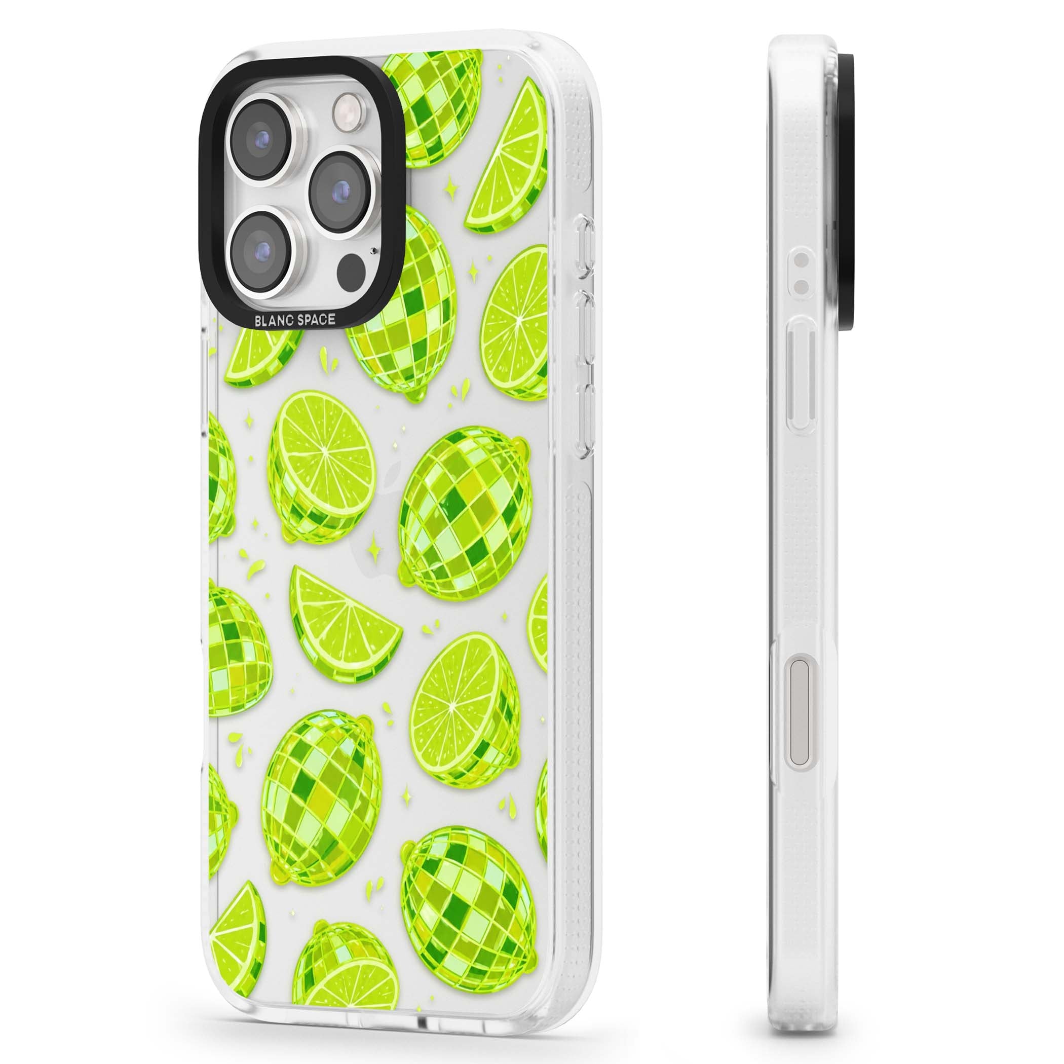 Disco Limes fruit aesthetic iPhone case featuring green disco balls, lime slices and citrus sparkles | Clear Case Impact Air case for iPhone 16 Pro, iPhone 16 Pro Max