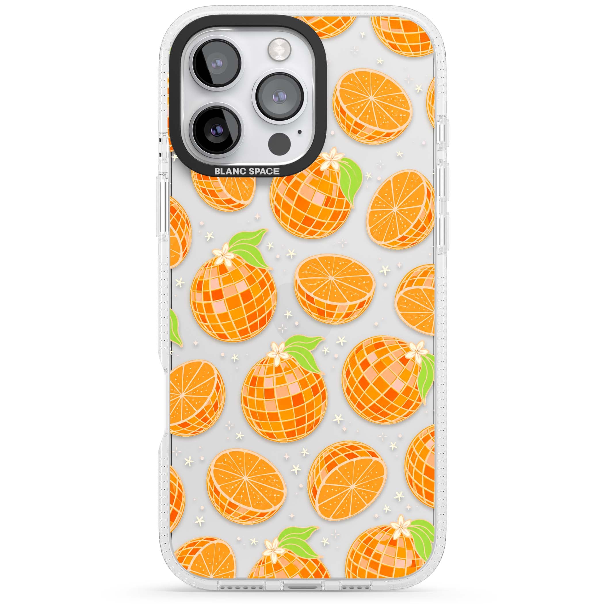 Disco Oranges retro iPhone case featuring mirrorball oranges, citrus slices and tiny blossoms on clear | Clear Case Impact Air case for iPhone 16 Pro, iPhone 16 Pro Max