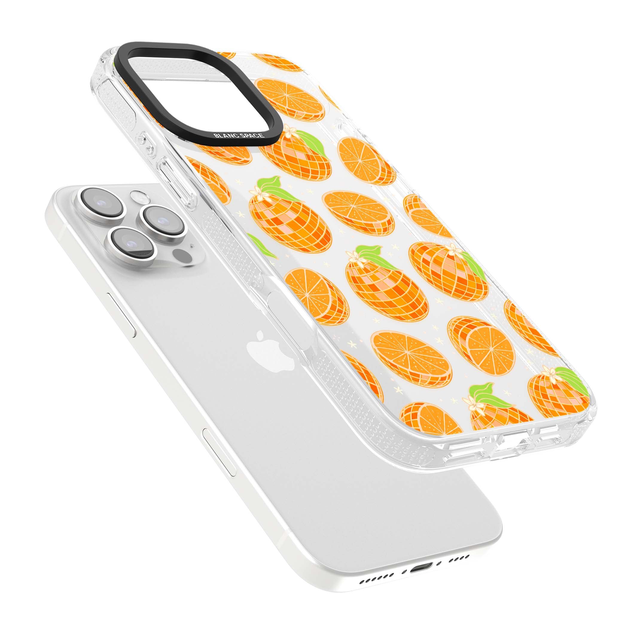 Disco Oranges retro iPhone case featuring mirrorball oranges, citrus slices and tiny blossoms on clear | Clear Case Impact Air case for iPhone 16 Pro, iPhone 16 Pro Max