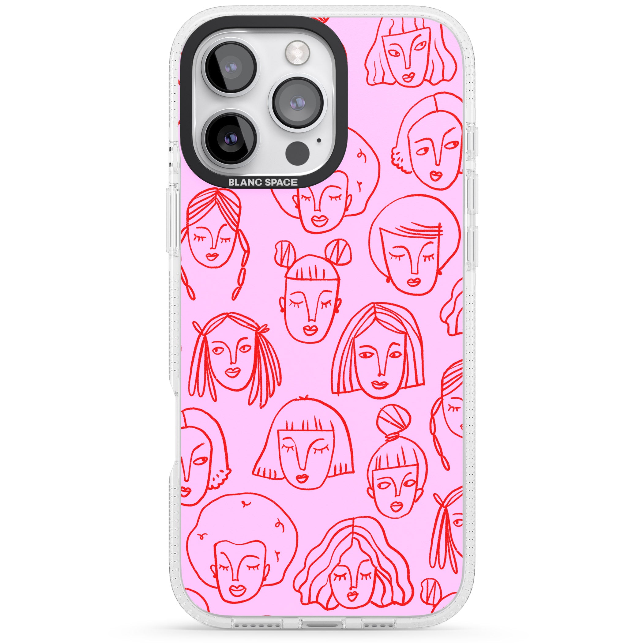 Girl Portrait Doodles in Pink & Red iPhone 16 Pro Max / 16 Pro Clear Case Impact Air - Blanc Space