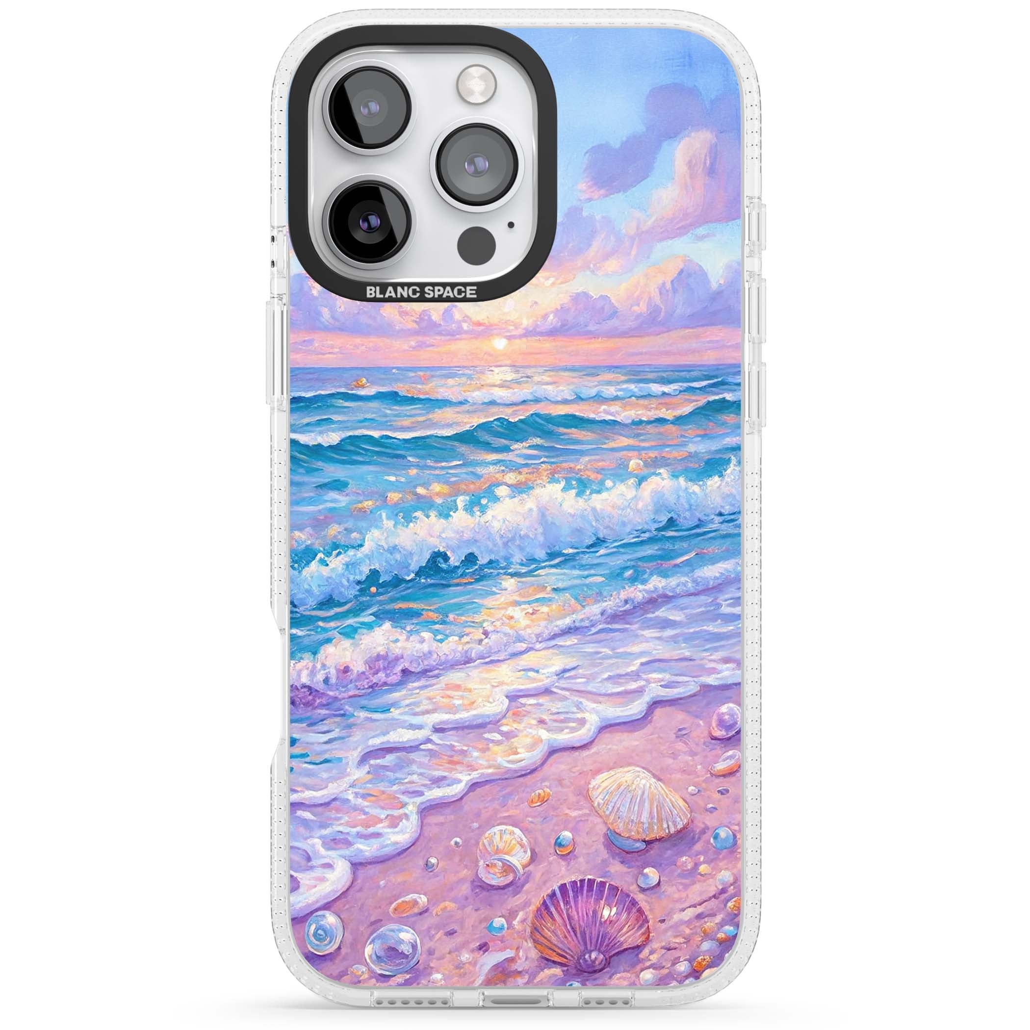Pearl Shore coastal iPhone case featuring pastel painted waves, seashells, and a sunrise sky over a lavender beach. | Clear Case Impact Air case for iPhone 16 Pro, iPhone 16 Pro Max