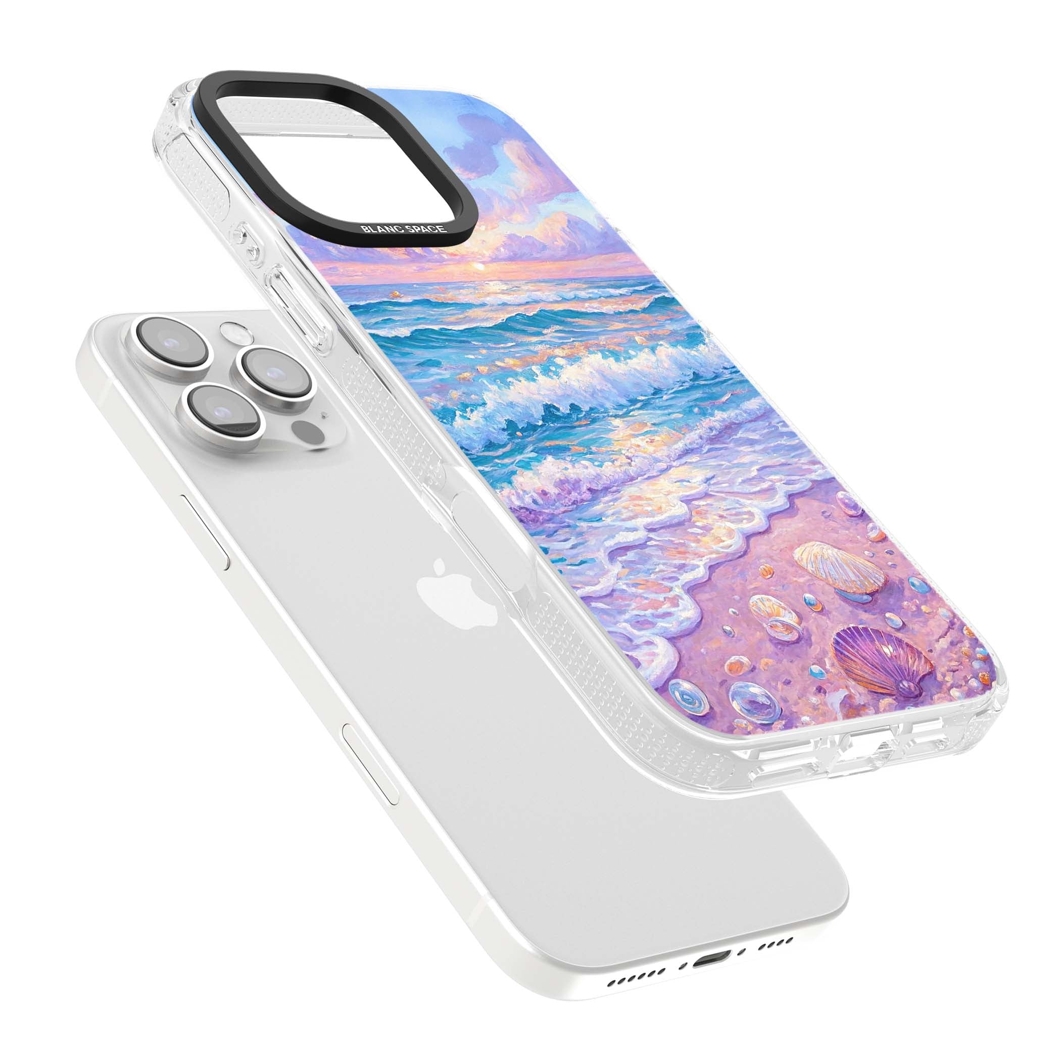 Pearl Shore coastal iPhone case featuring pastel painted waves, seashells, and a sunrise sky over a lavender beach. | Clear Case Impact Air case for iPhone 16 Pro, iPhone 16 Pro Max