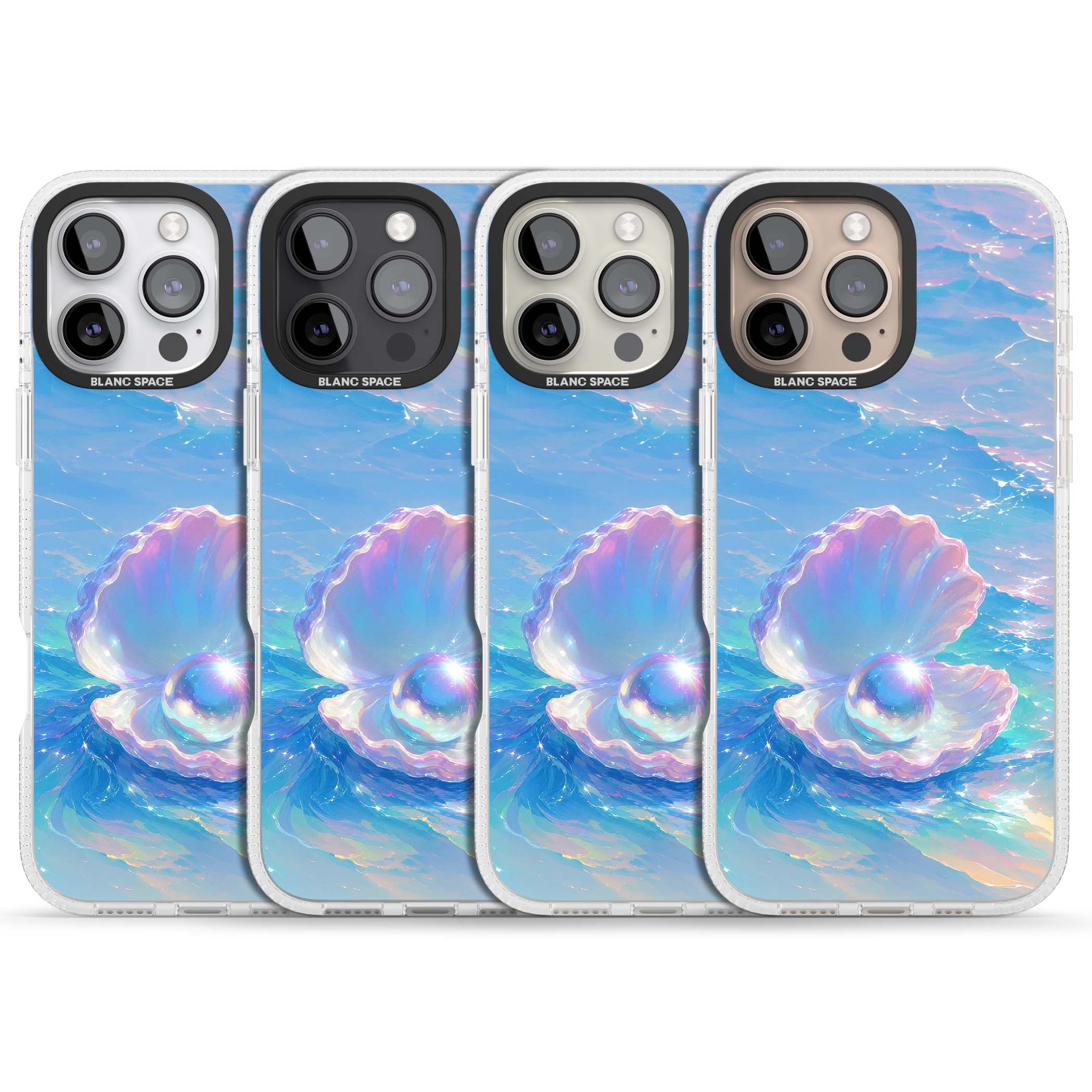 The Pearl Clam mermaidcore iPhone case featuring iridescent seashell, glowing pearl and pastel ocean waves | Clear Case Impact Air case for iPhone 16 Pro, iPhone 16 Pro Max