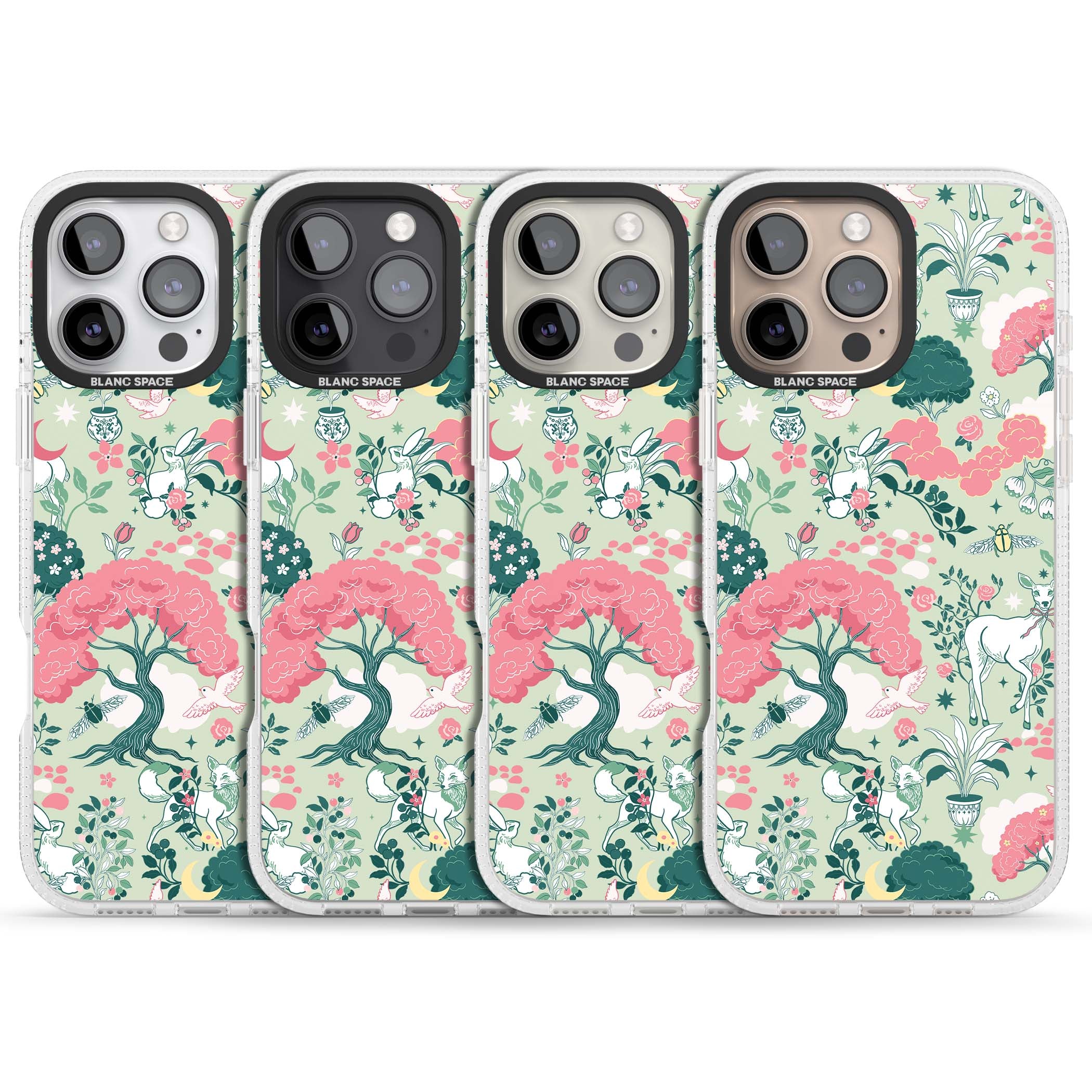 Enchanted Woodland cottagecore iPhone case featuring white deer, pink roses, mushrooms and woodland animals on sage green | Clear Case Impact Air case for iPhone 16 Pro, iPhone 16 Pro Max