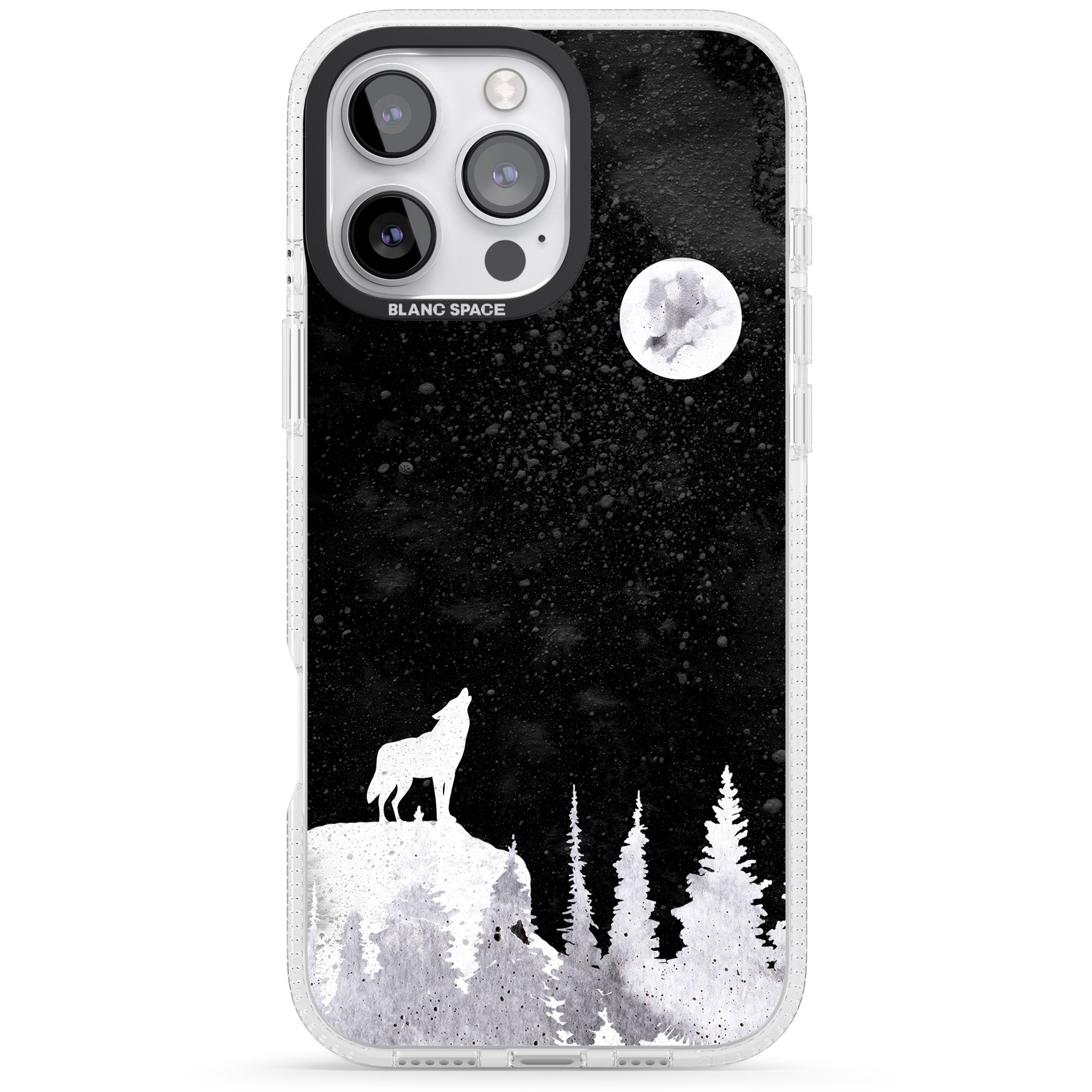 Moon Phases: Wolf & Full Moon iPhone 16 Pro Max / 16 Pro Clear Case Impact Air - Blanc Space