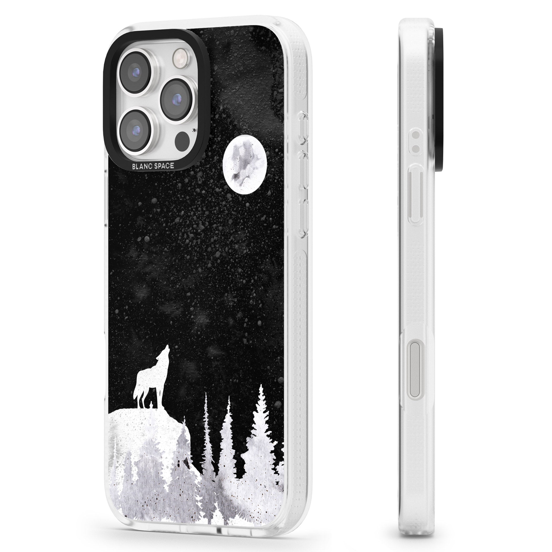 Moon Phases: Wolf & Full Moon iPhone 16 Pro Max / 16 Pro Clear Case Impact Air - Blanc Space
