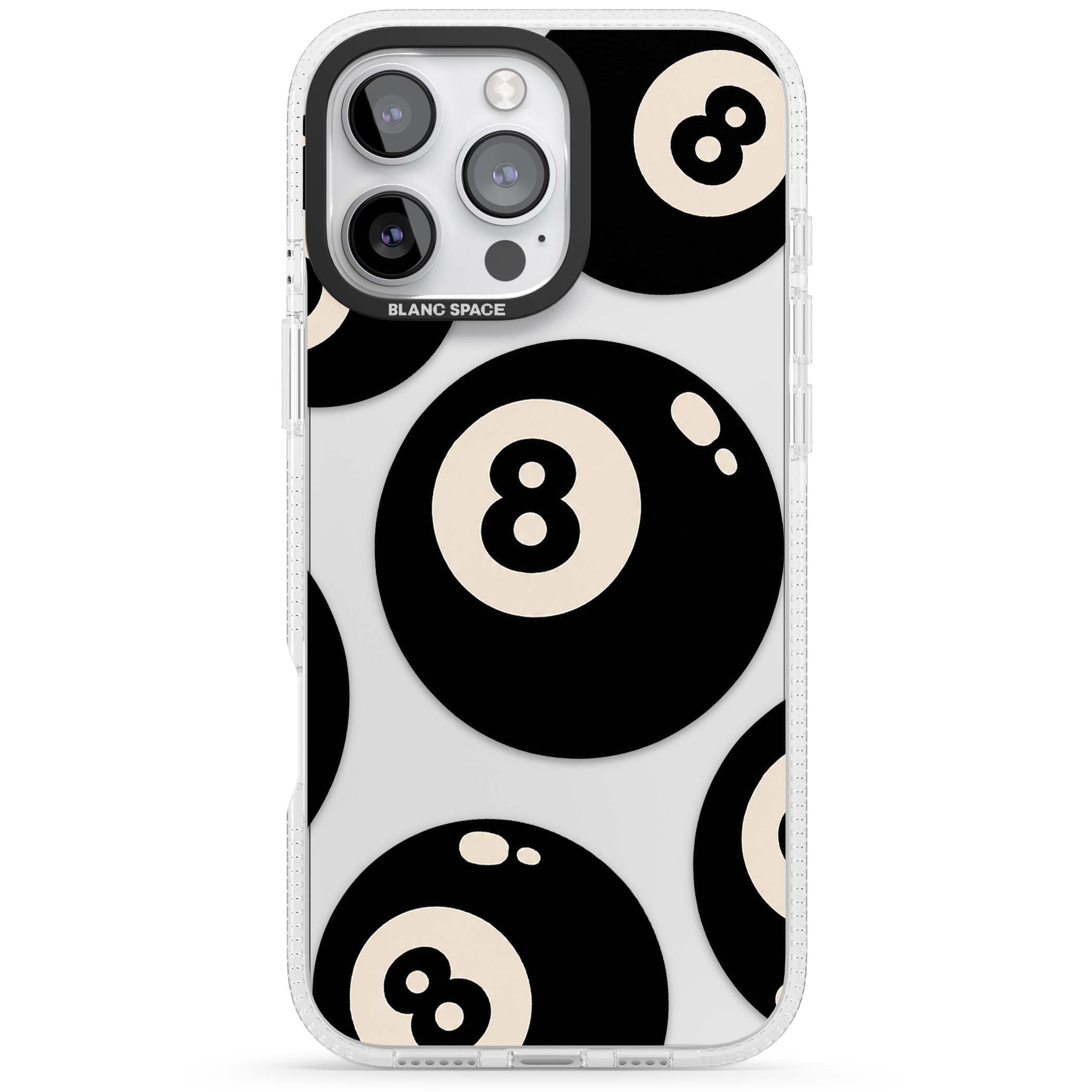 Eights y2k iPhone case featuring scattered black 8 balls with cream highlights on a clear background | Clear Case Impact Air case for iPhone 16 Pro, iPhone 16 Pro Max