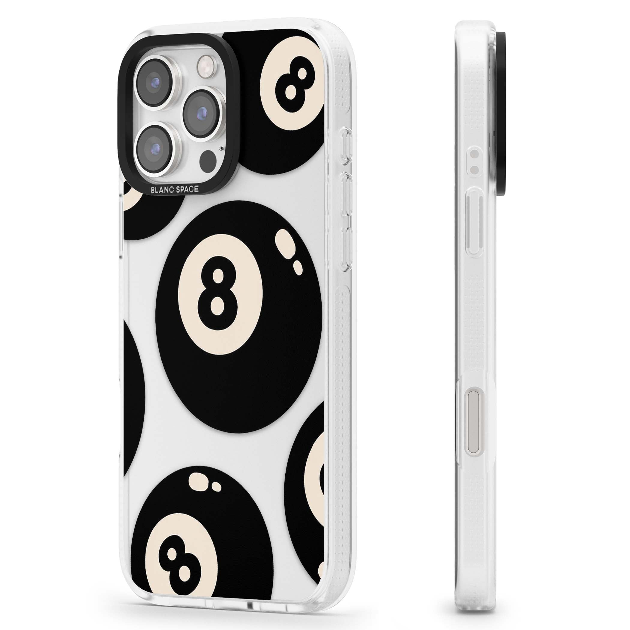 Eights y2k iPhone case featuring scattered black 8 balls with cream highlights on a clear background | Clear Case Impact Air case for iPhone 16 Pro, iPhone 16 Pro Max