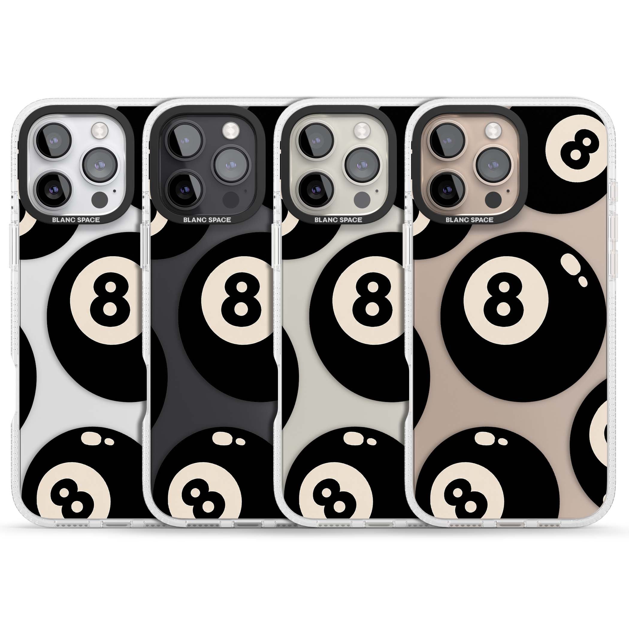 Eights y2k iPhone case featuring scattered black 8 balls with cream highlights on a clear background | Clear Case Impact Air case for iPhone 16 Pro, iPhone 16 Pro Max