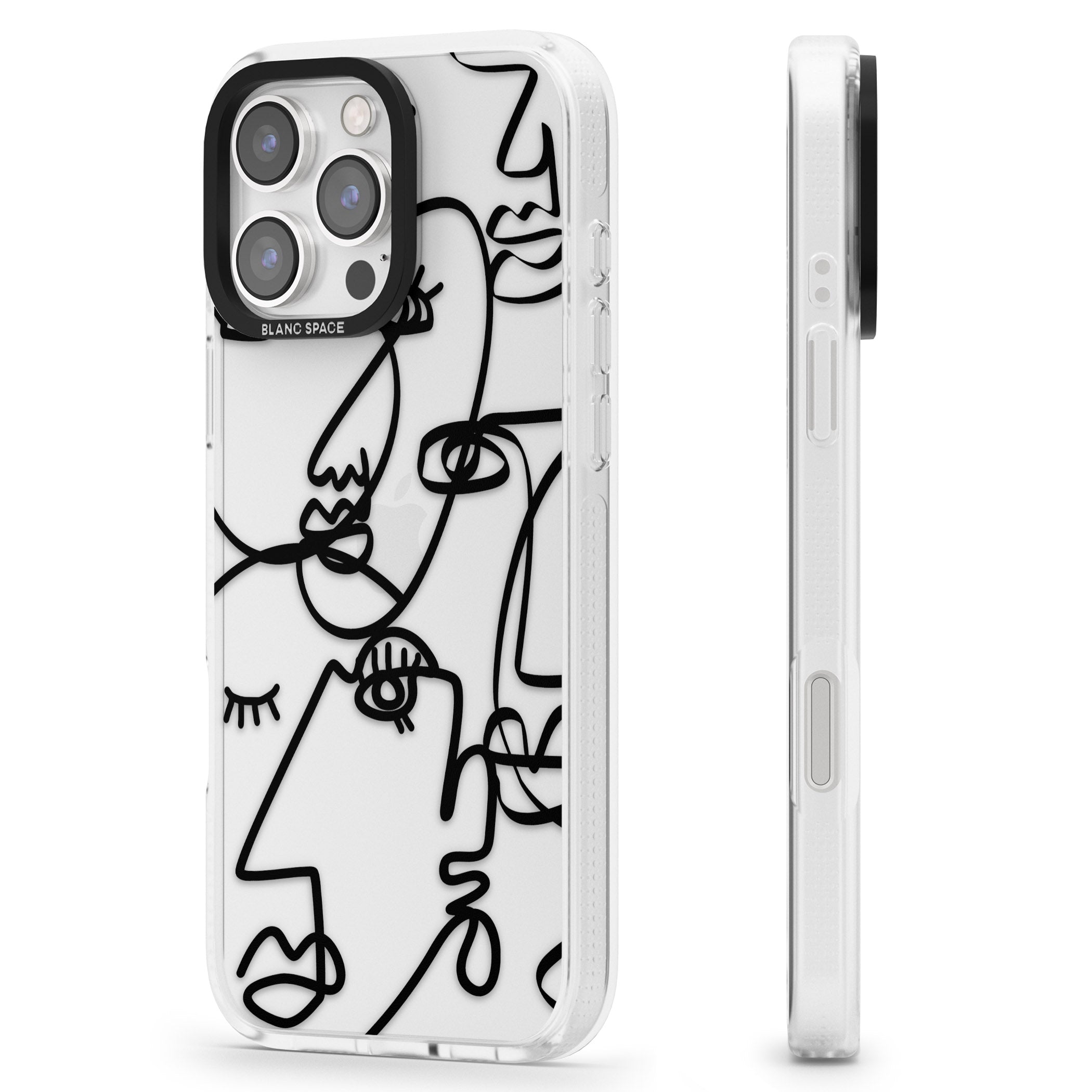 Abstract Continuous Line Faces Black on Clear iPhone 16 Pro Max / 16 Pro Clear Case Impact Air - Blanc Space