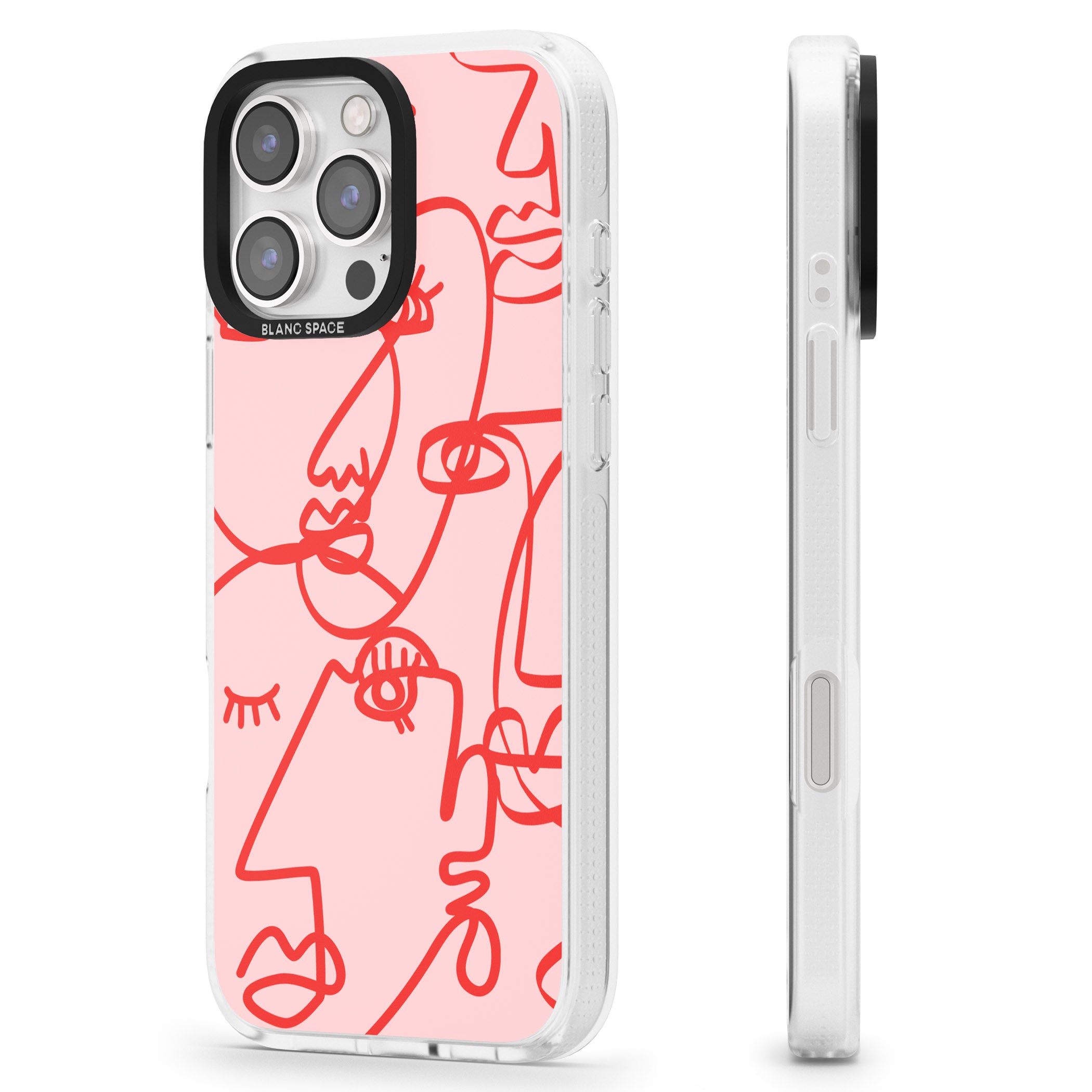 Abstract Continuous Line Faces Red on Pink iPhone 16 Pro Max / 16 Pro Clear Case Impact Air - Blanc Space