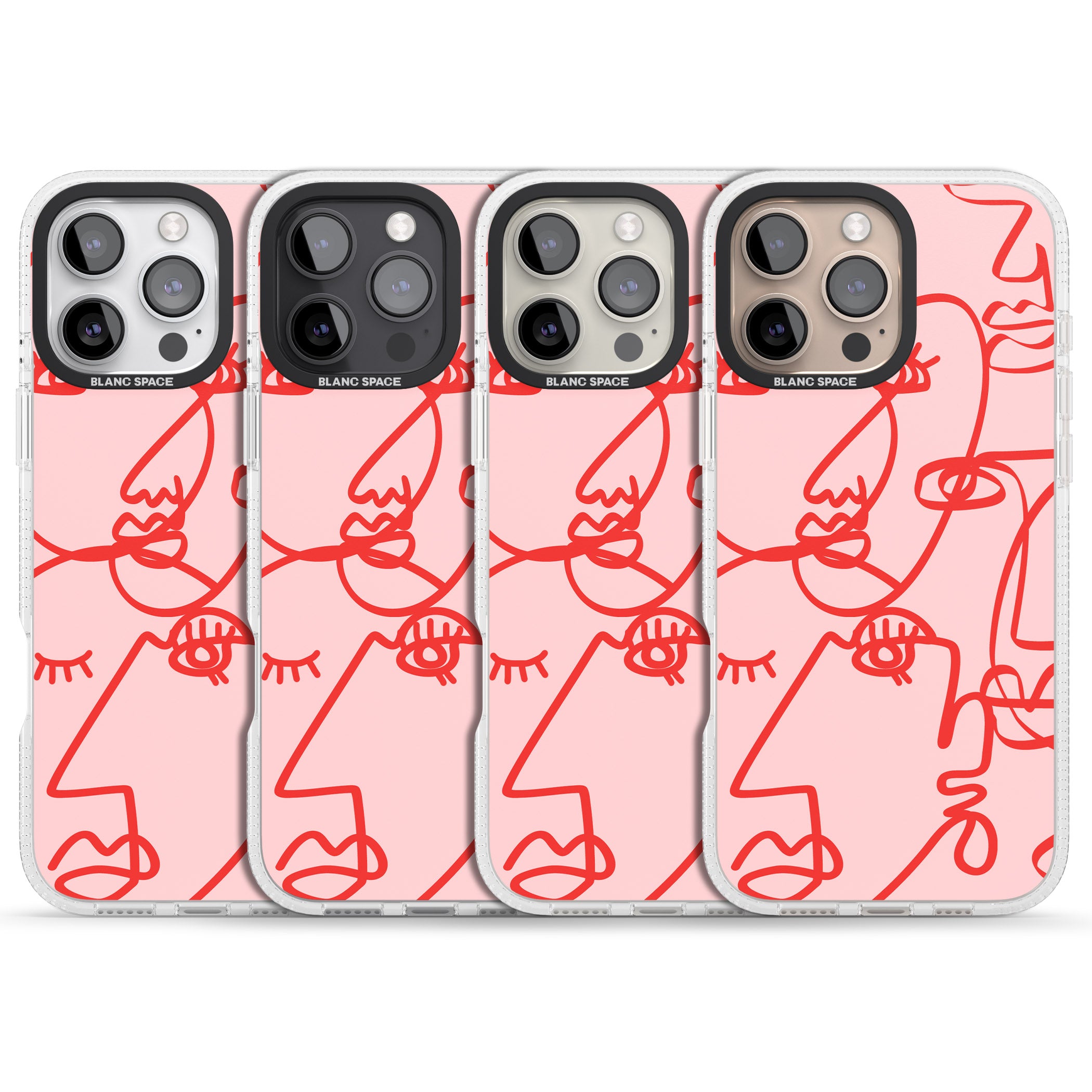 Abstract Continuous Line Faces Red on Pink iPhone 16 Pro Max / 16 Pro Clear Case Impact Air - Blanc Space