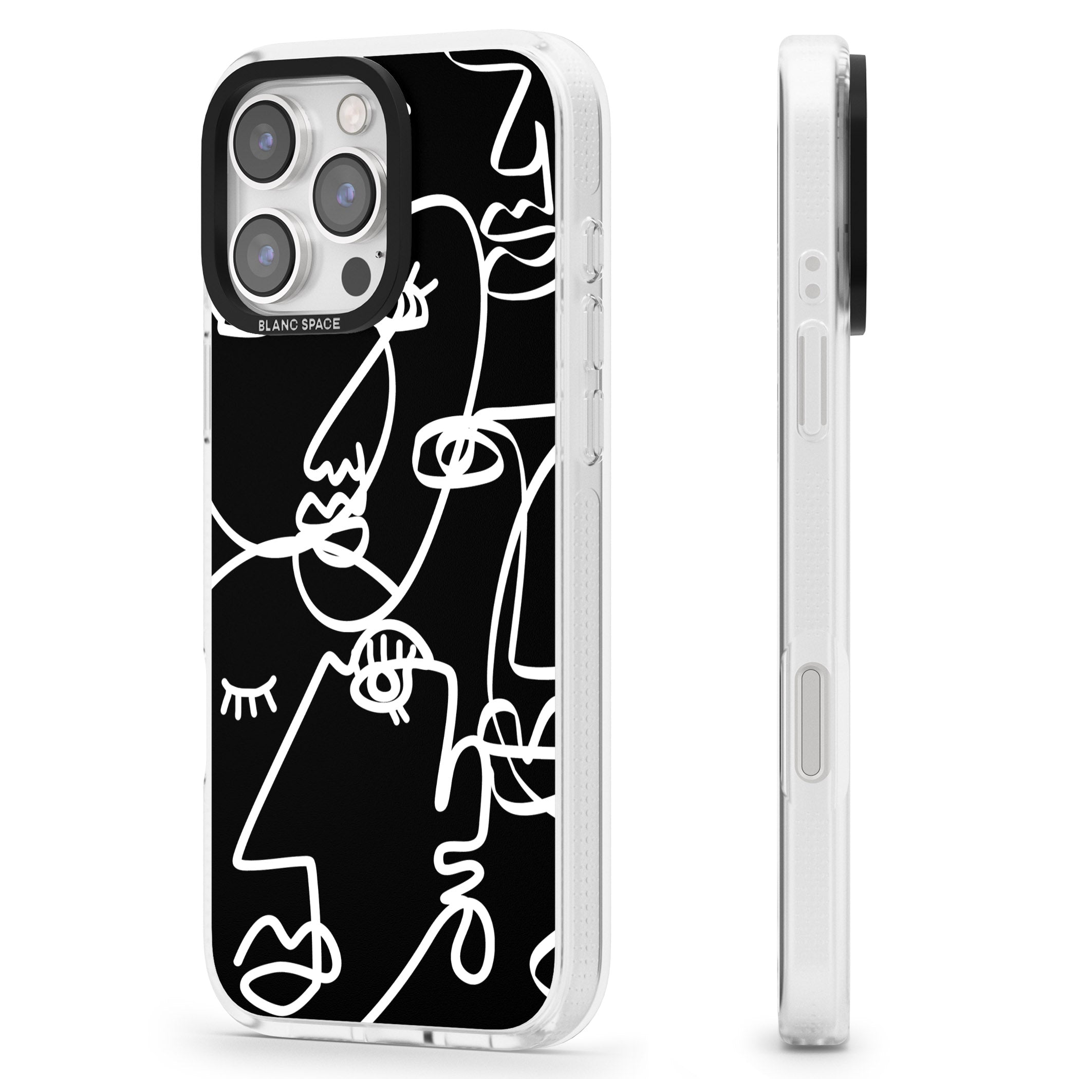 Abstract Continuous Line Faces White on Black iPhone 16 Pro Max / 16 Pro Clear Case Impact Air - Blanc Space