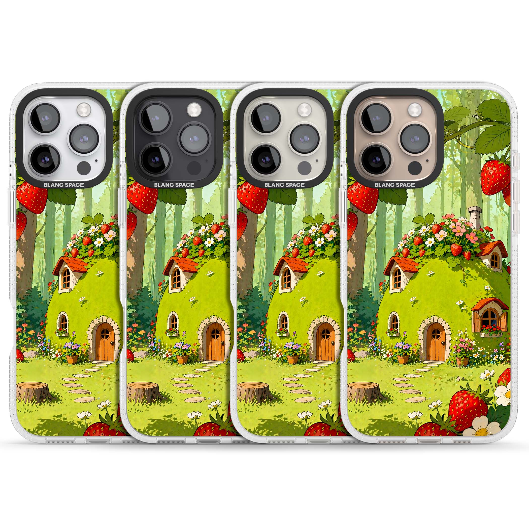 Strawberry Cottage cottagecore iPhone case featuring a green fairy house, wild strawberries and enchanted forest flowers | Clear Case Impact Air case for iPhone 16 Pro, iPhone 16 Pro Max