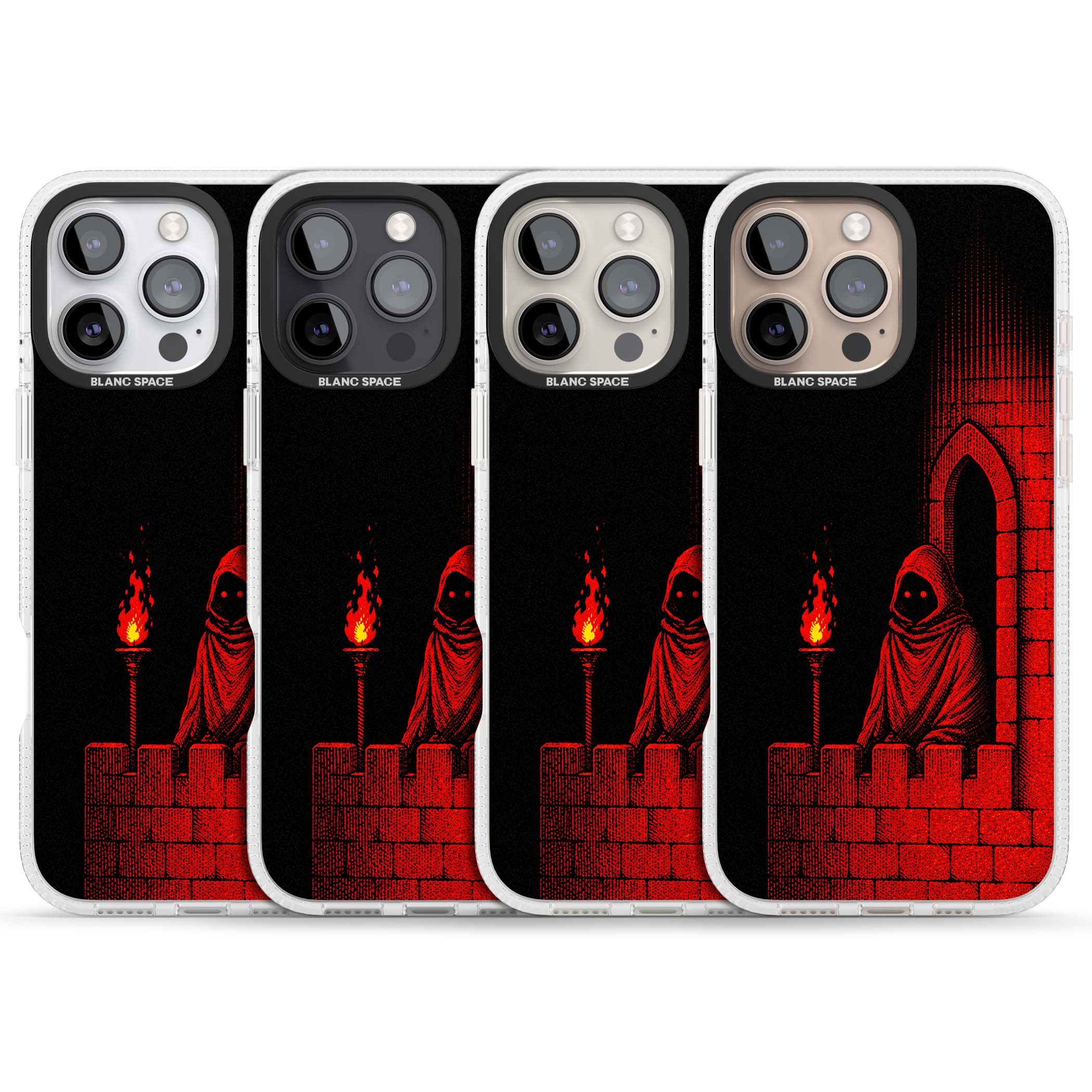 Crimson Crypt gothic iPhone case featuring a hooded reaper, torchlit crypt archway and red halftone horror art | Clear Case Impact Air case for iPhone 16 Pro, iPhone 16 Pro Max