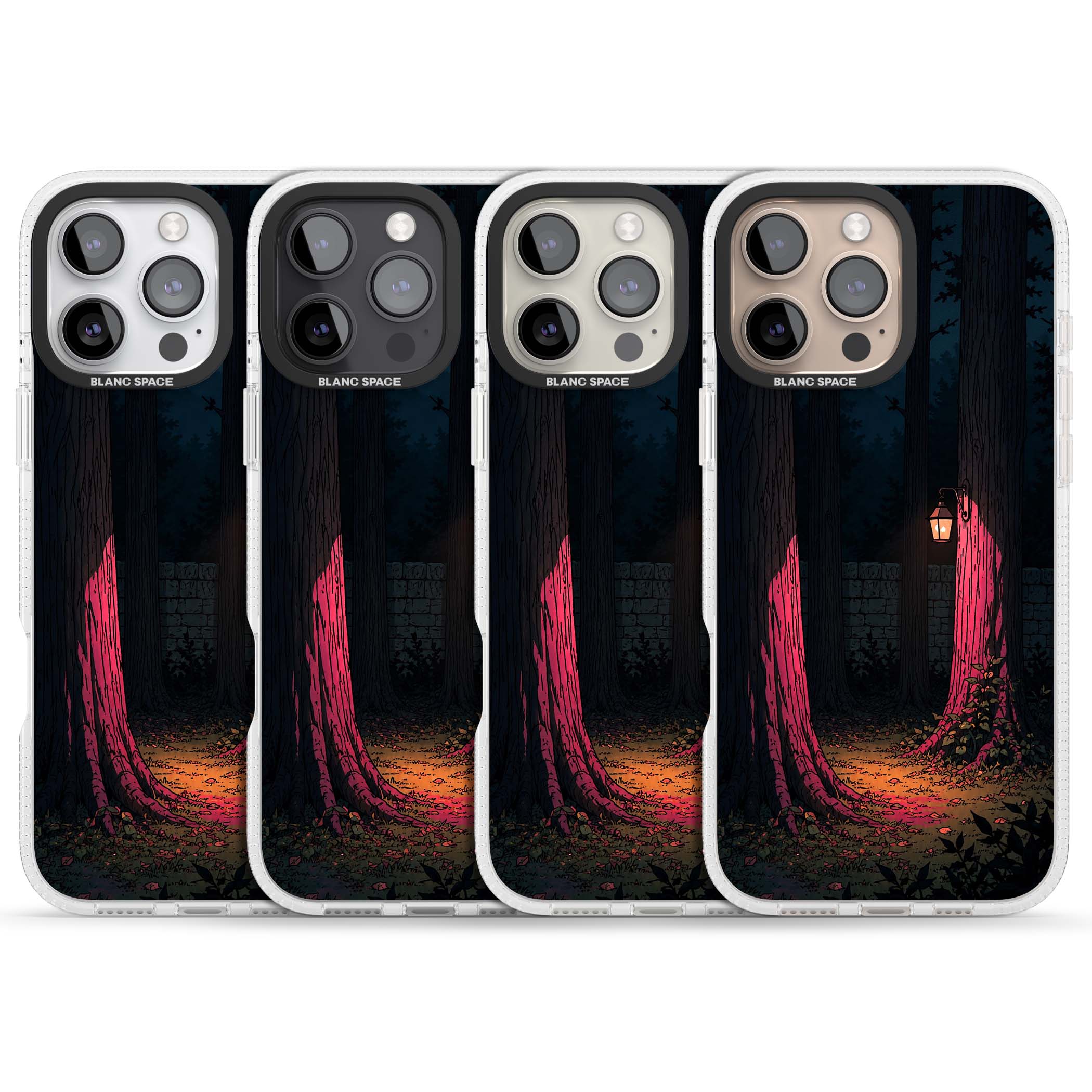 Forest Lantern dark academia iPhone case featuring a moonlit forest, glowing lantern, and stone wall pathway | Clear Case Impact Air case for iPhone 16 Pro, iPhone 16 Pro Max