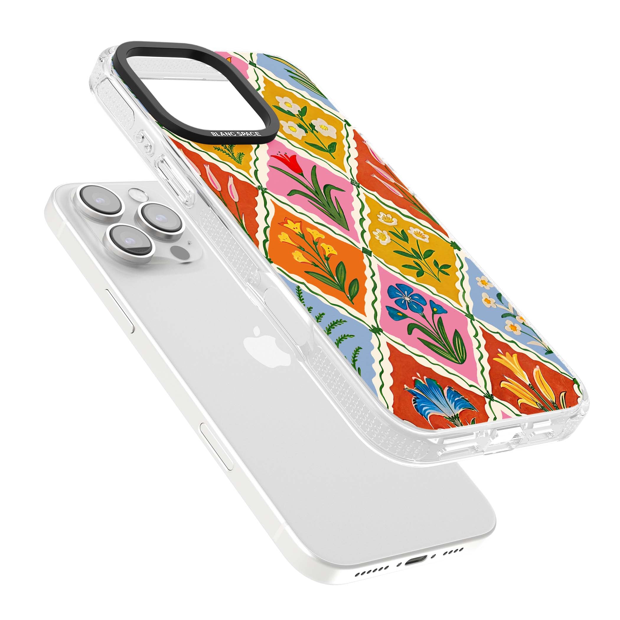 Floral Quilt boho floral iPhone case featuring diamond lattice pattern, hand-painted tulips and folk art wildflowers | Clear Case Impact Air case for iPhone 16 Pro, iPhone 16 Pro Max