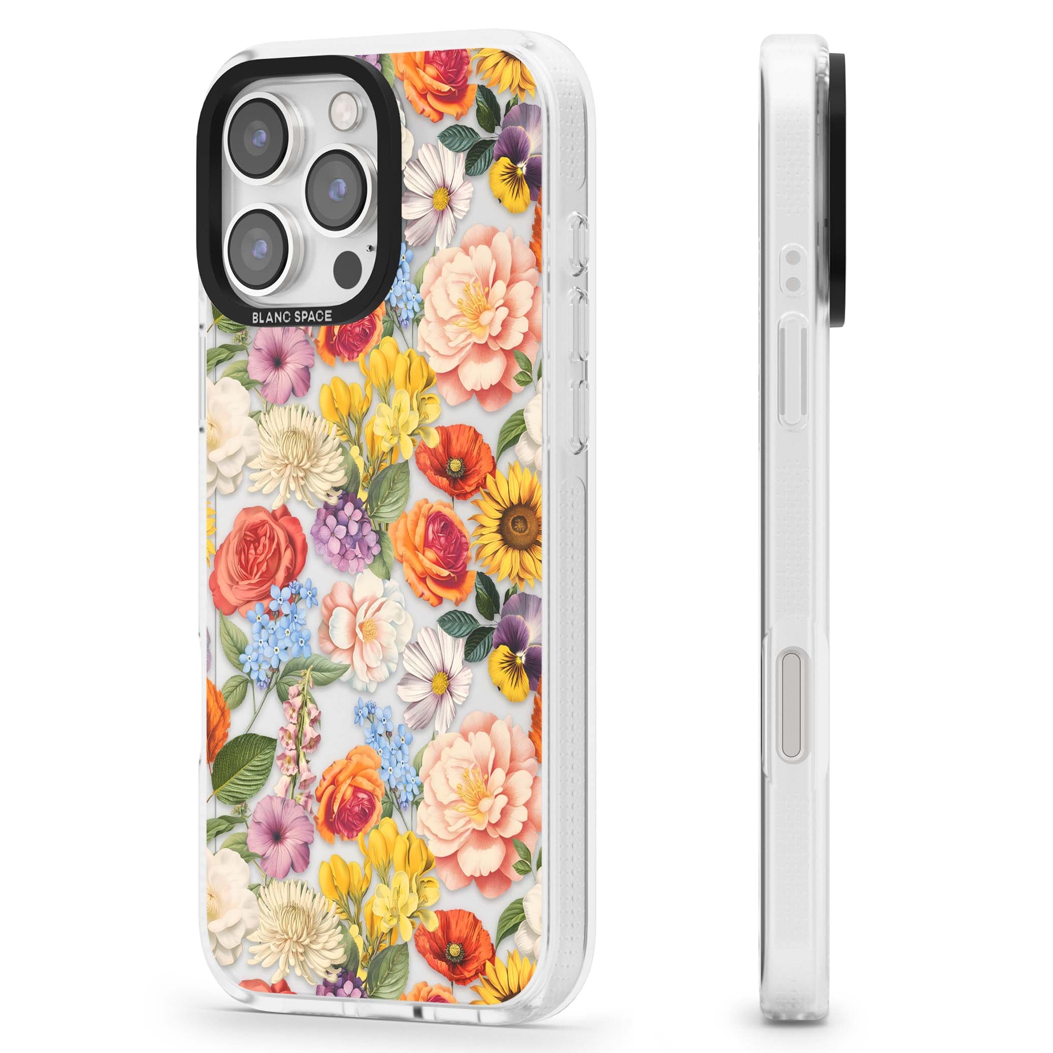 Bloom Basket floral iPhone case featuring cottage garden flowers including peonies, sunflowers, and wildflowers in pastel col | Clear Case Impact Air case for iPhone 16 Pro, iPhone 16 Pro Max