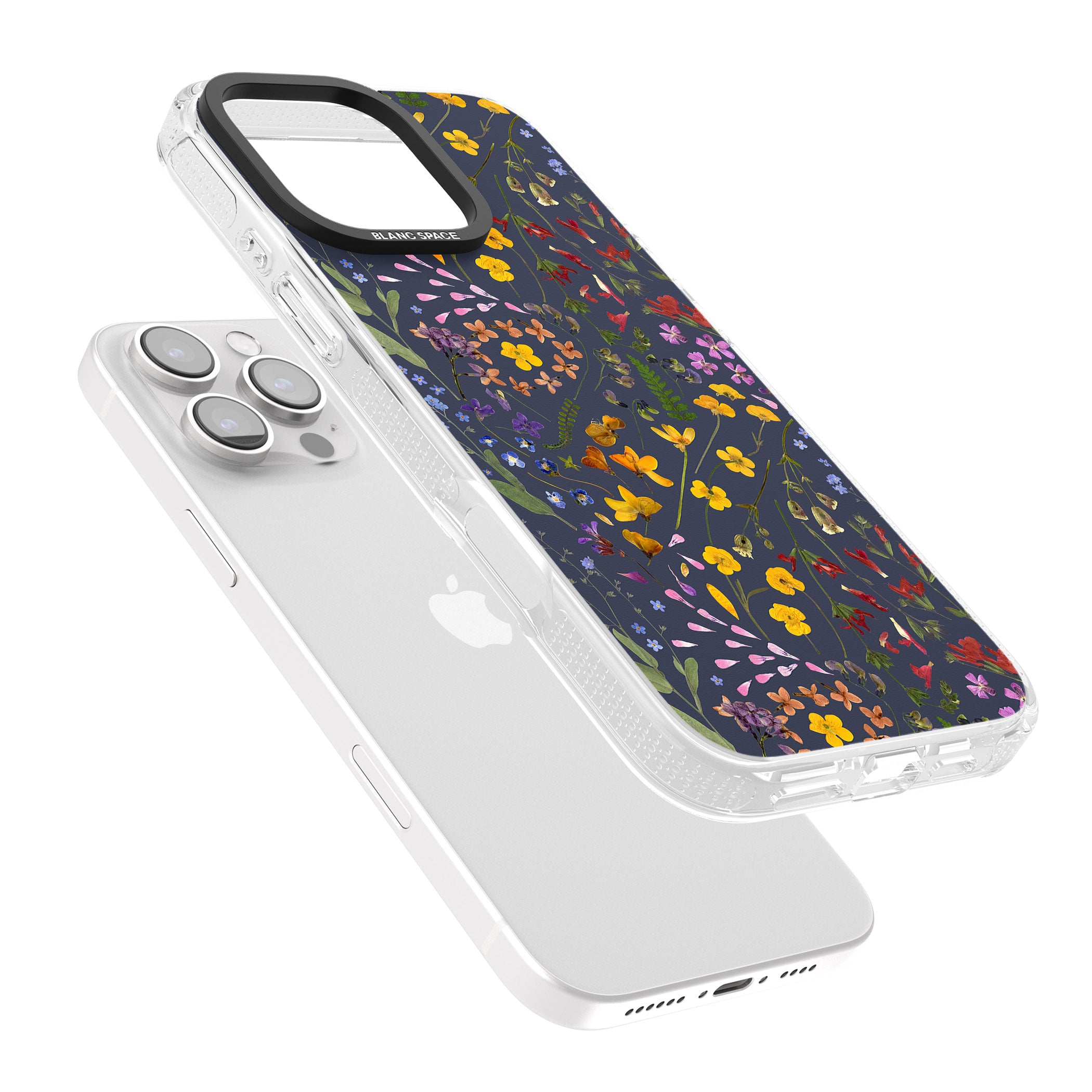 Wildflower & Leaves Cluster Design - Navy iPhone 16 Pro Max / 16 Pro Clear Case Impact Air - Blanc Space