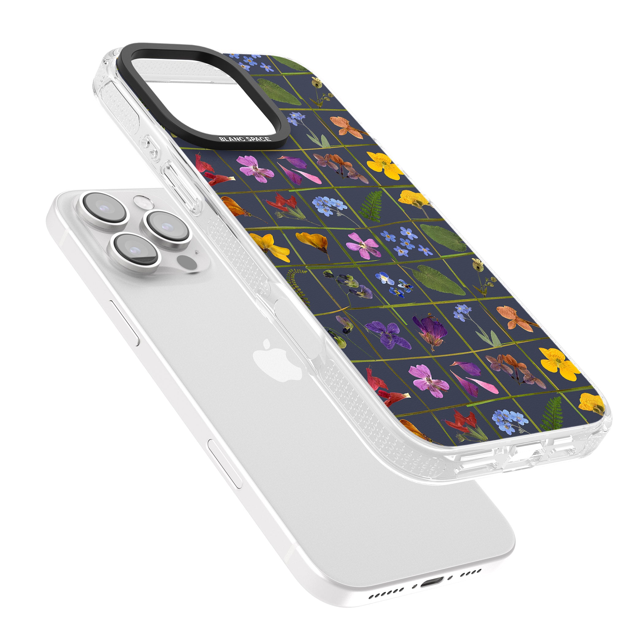 Wildflower Grid Boxes Pattern - Navy iPhone 16 Pro Max / 16 Pro Clear Case Impact Air - Blanc Space