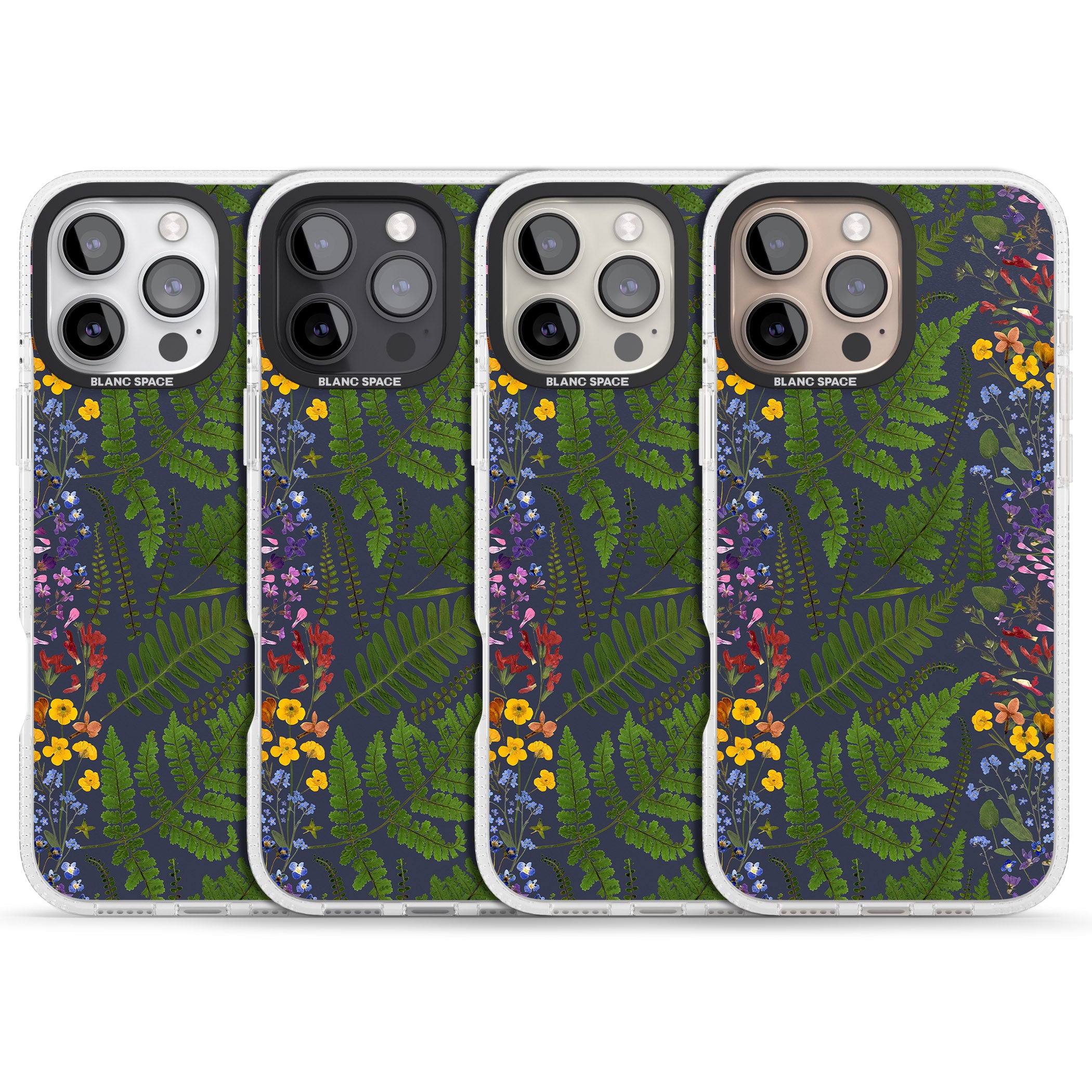 Busy Floral and Fern Design - Navy iPhone 16 Pro Max / 16 Pro Clear Case Impact Air - Blanc Space