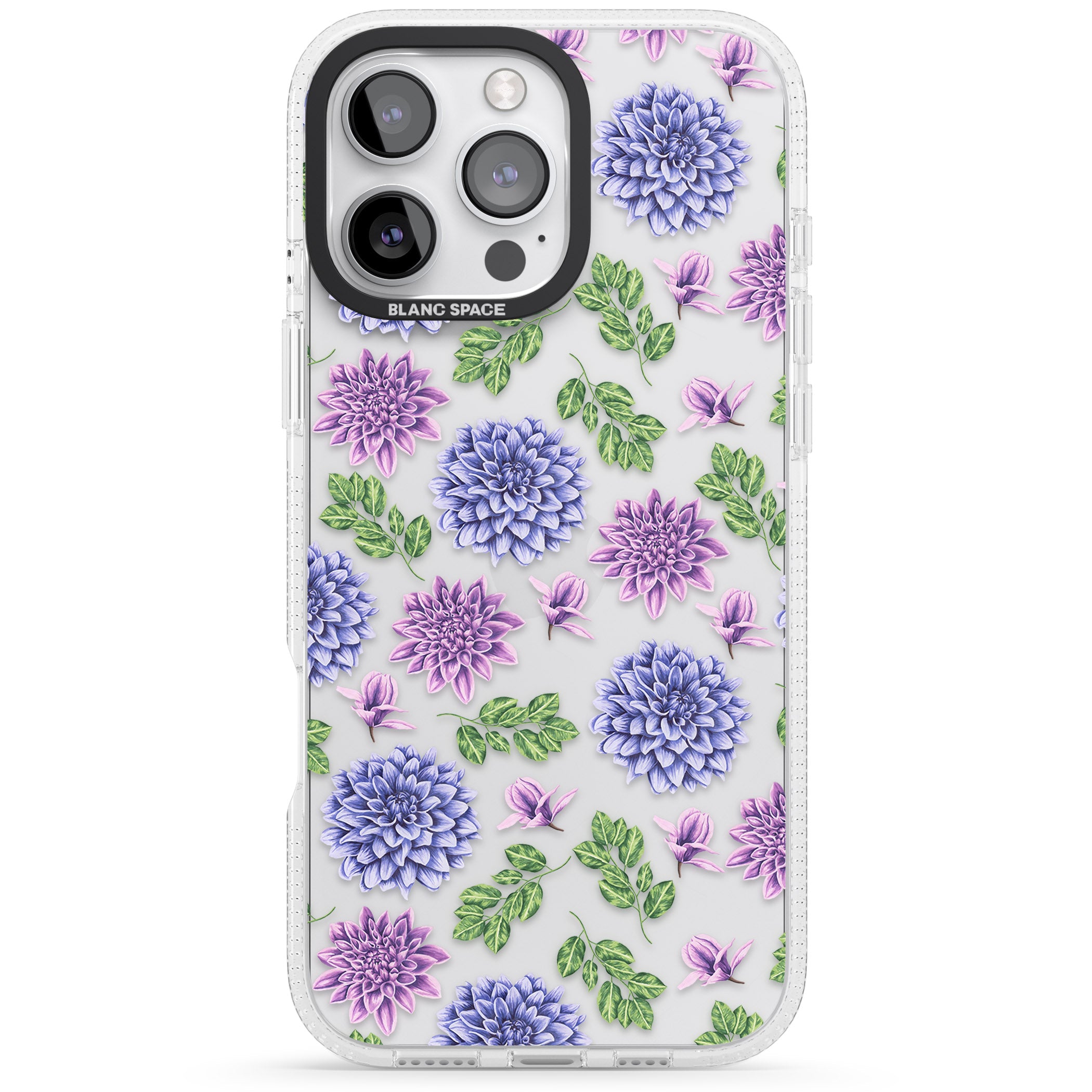 Purple Dahlias Transparent Floral iPhone 16 Pro Max / 16 Pro Clear Case Impact Air - Blanc Space