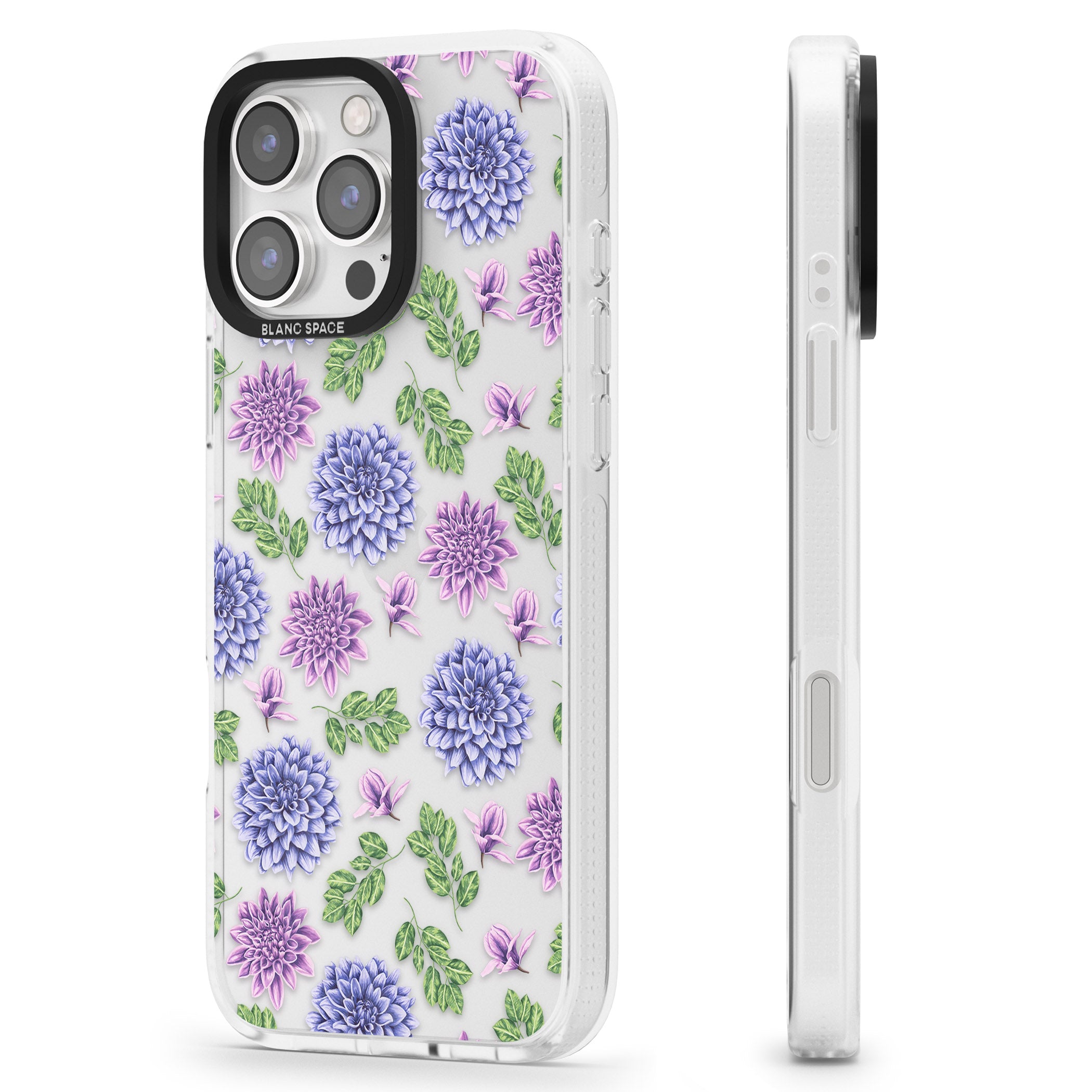 Purple Dahlias Transparent Floral iPhone 16 Pro Max / 16 Pro Clear Case Impact Air - Blanc Space