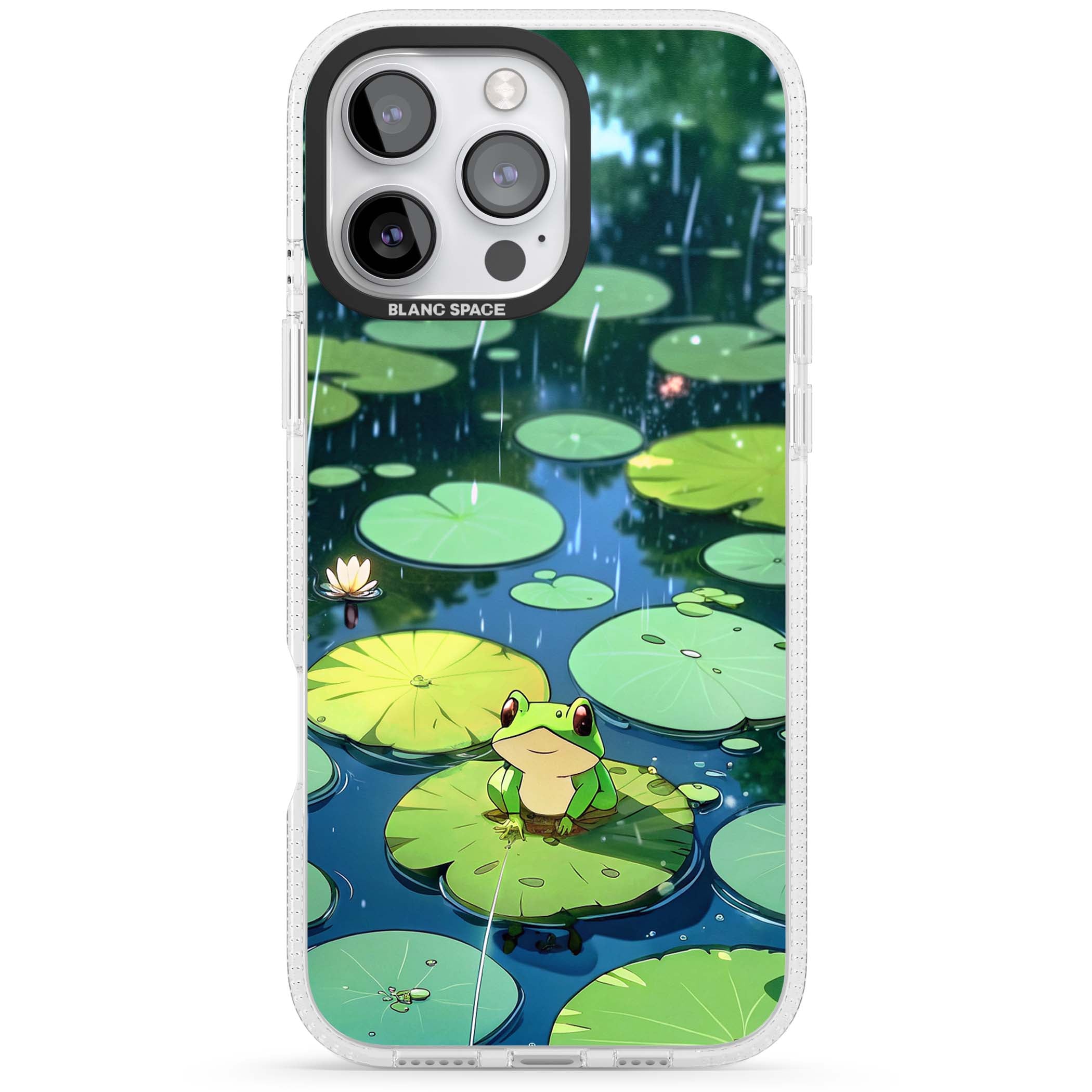 Frog In Lily Pond cottagecore iPhone case featuring a cute green frog on a lily pad with falling rain and a lotus flower | Clear Case Impact Air case for iPhone 16 Pro, iPhone 16 Pro Max