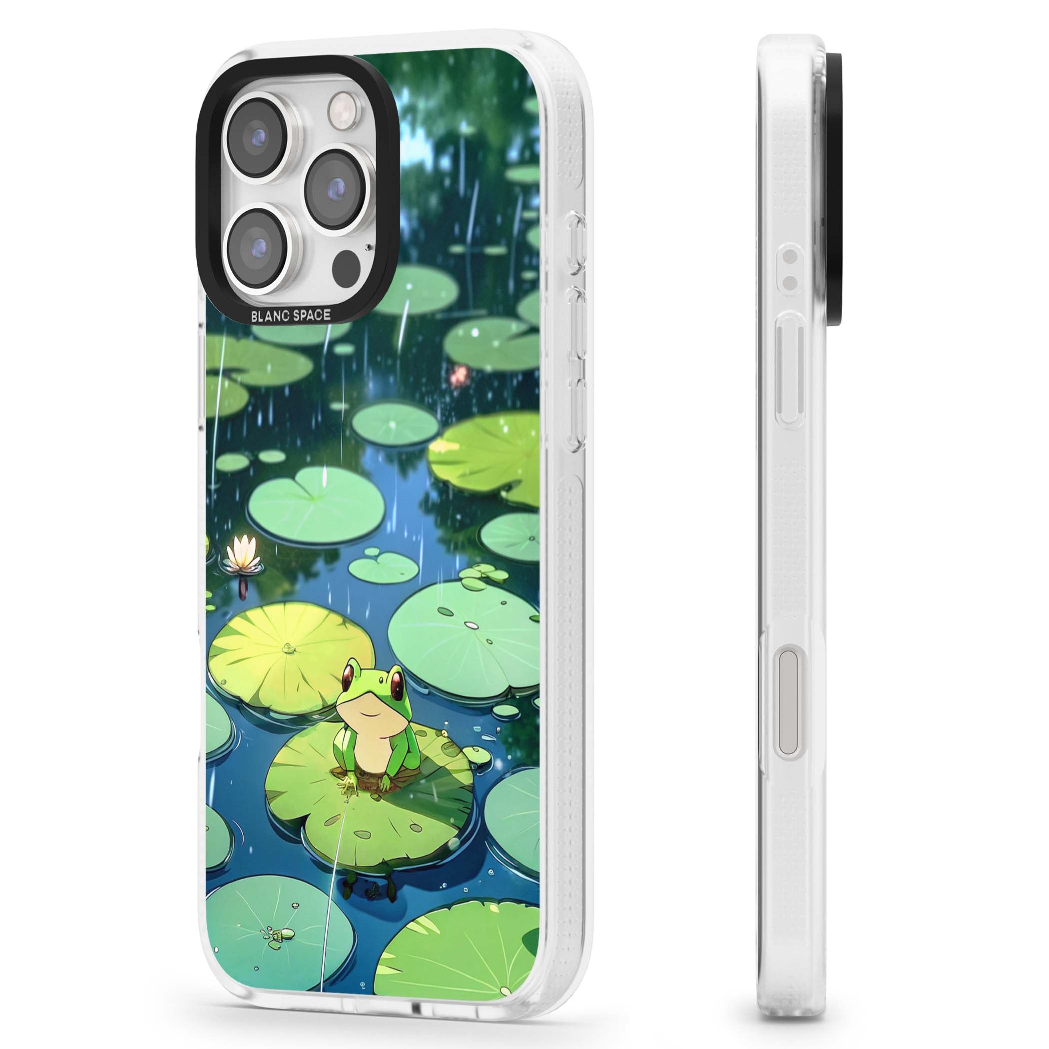 Frog In Lily Pond cottagecore iPhone case featuring a cute green frog on a lily pad with falling rain and a lotus flower | Clear Case Impact Air case for iPhone 16 Pro, iPhone 16 Pro Max