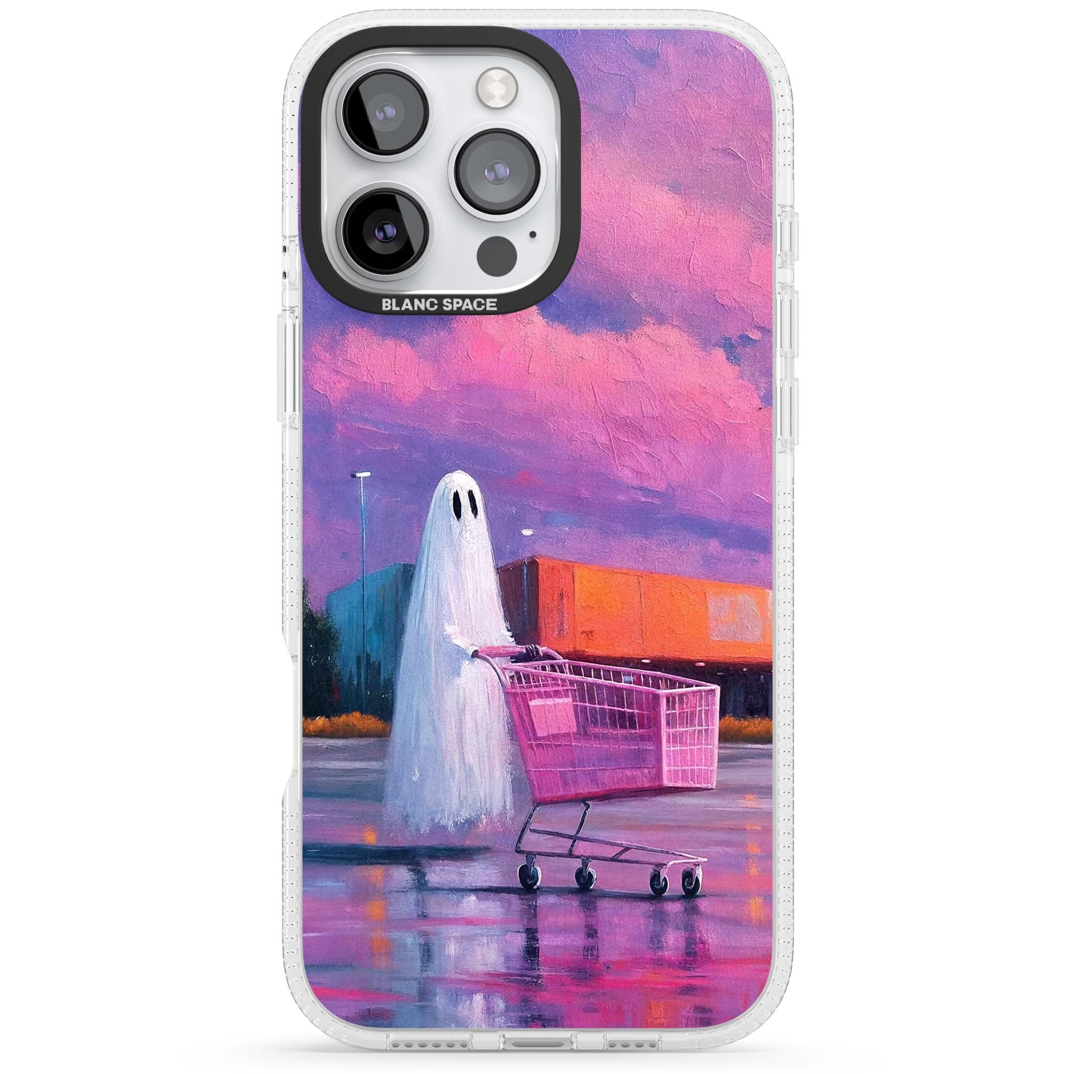 A Ghost's Errand ghost halloween iPhone case featuring a painted ghost, pink shopping trolley and purple sunset sky | Clear Case Impact Air case for iPhone 16 Pro, iPhone 16 Pro Max