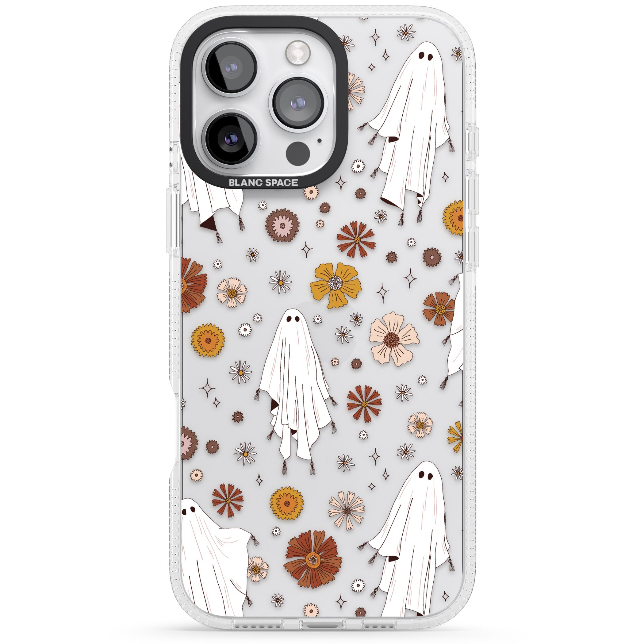 Halloween Ghosts and Flowers iPhone 16 Pro Max / 16 Pro Clear Case Impact Air - Blanc Space