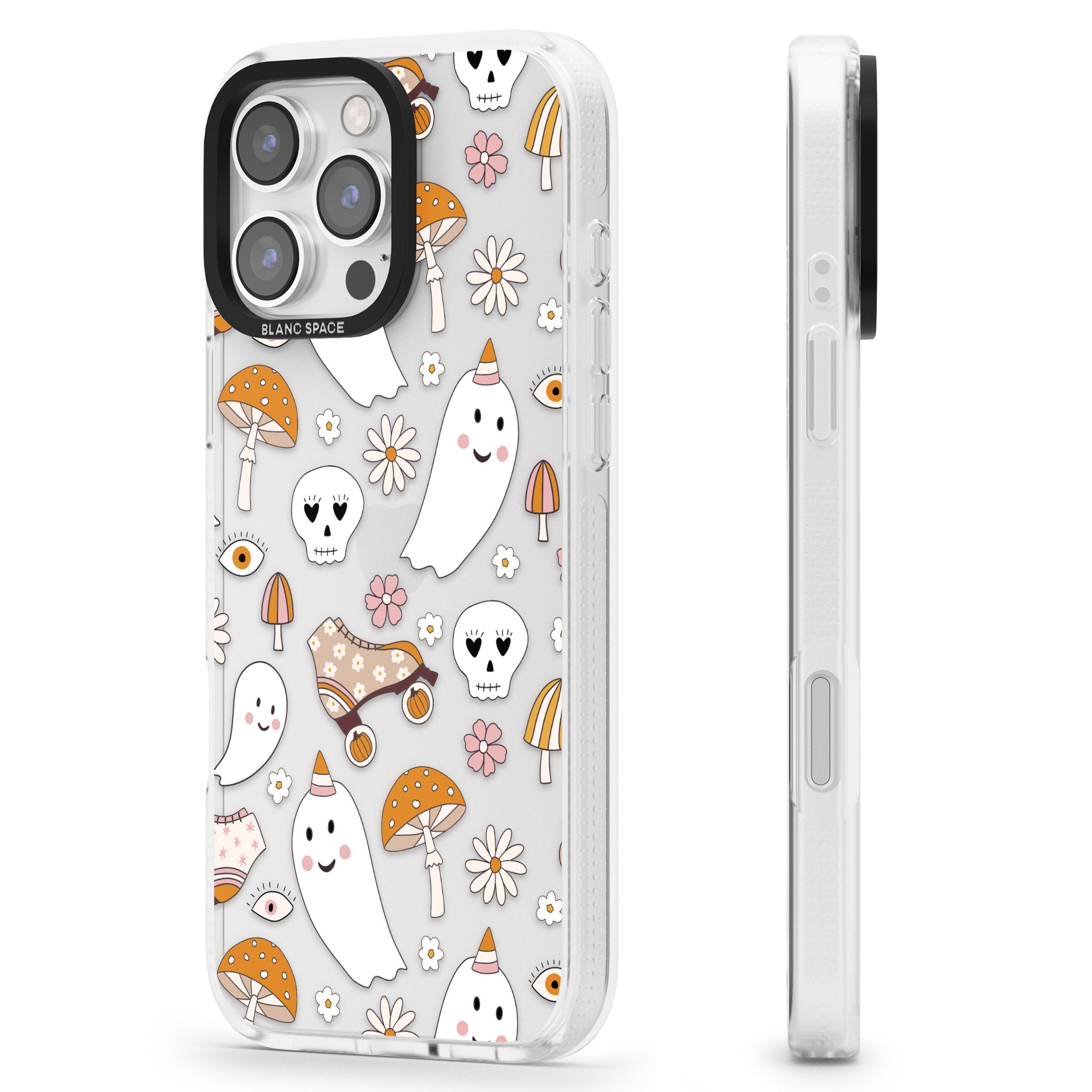 Cute Ghost and Skulls Pattern iPhone 16 Pro Max / 16 Pro Clear Case Impact Air - Blanc Space