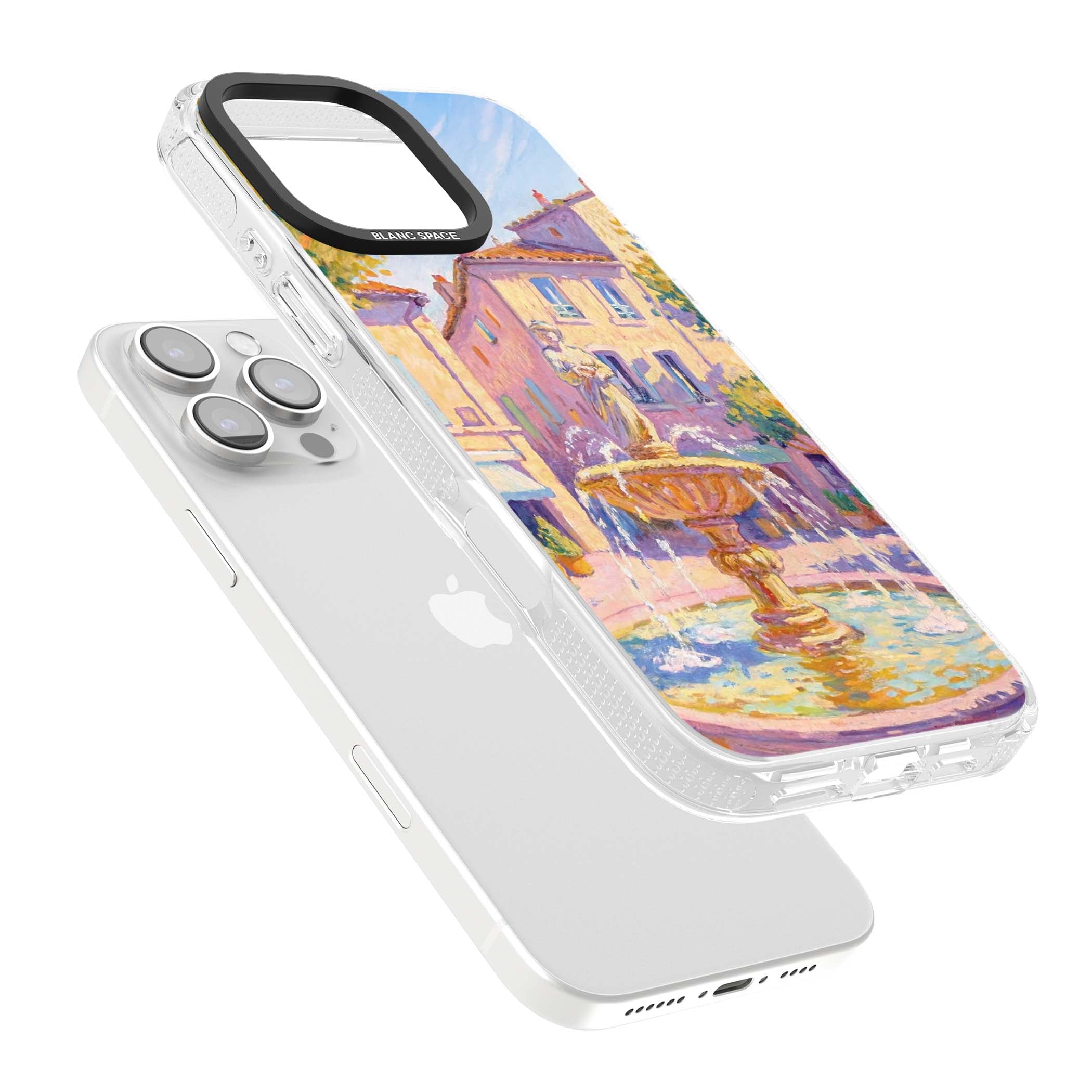 Fountain Square fine art iPhone case featuring an impressionist Provençal fountain, pastel village buildings and summe | Clear Case Impact Air case for iPhone 16 Pro, iPhone 16 Pro Max