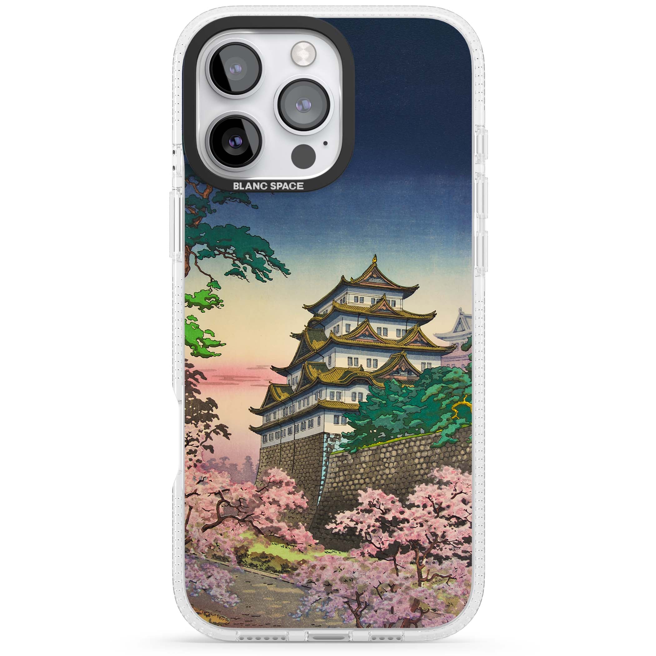 Nagoya Castle Japanese iPhone case featuring a vintage pagoda, twilight sky and cherry blossom trees | Clear Case Impact Air case for iPhone 16 Pro, iPhone 16 Pro Max