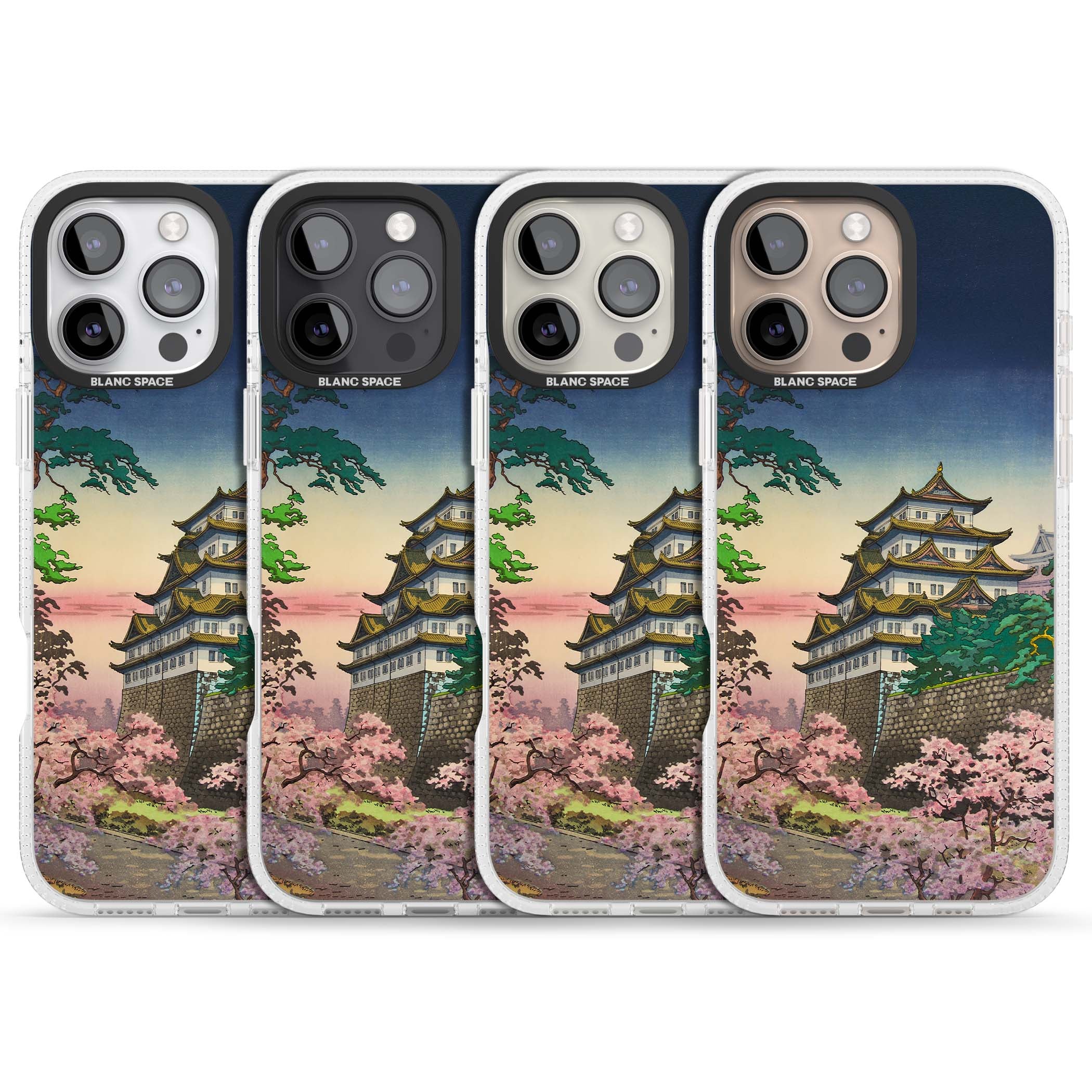 Nagoya Castle Japanese iPhone case featuring a vintage pagoda, twilight sky and cherry blossom trees | Clear Case Impact Air case for iPhone 16 Pro, iPhone 16 Pro Max