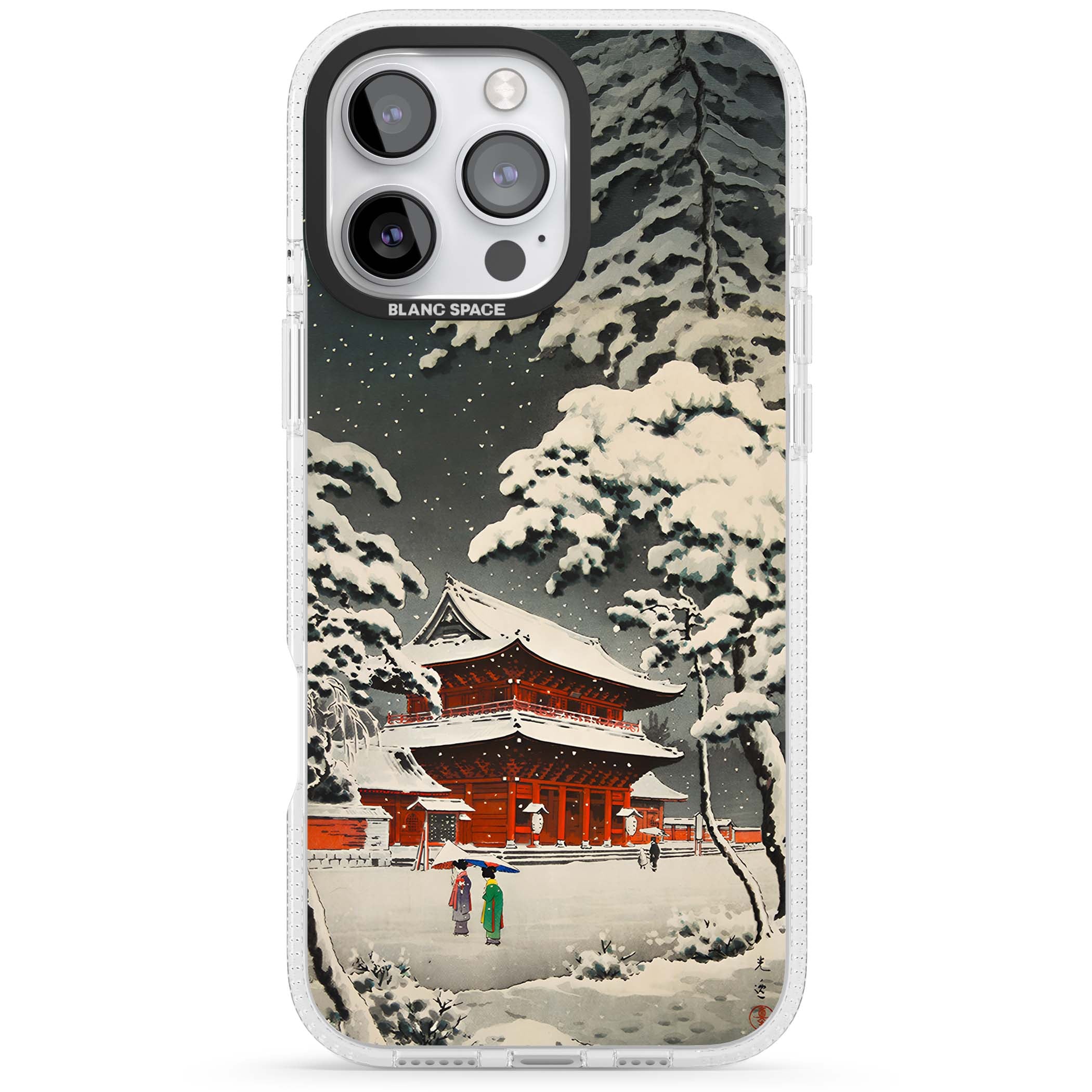 Snow at Shiha Park, Tokyo Japanese art iPhone case featuring a vintage ukiyo-e snowy temple, red pagoda, and snow-covered pin | Clear Case Impact Air case for iPhone 16 Pro, iPhone 16 Pro Max