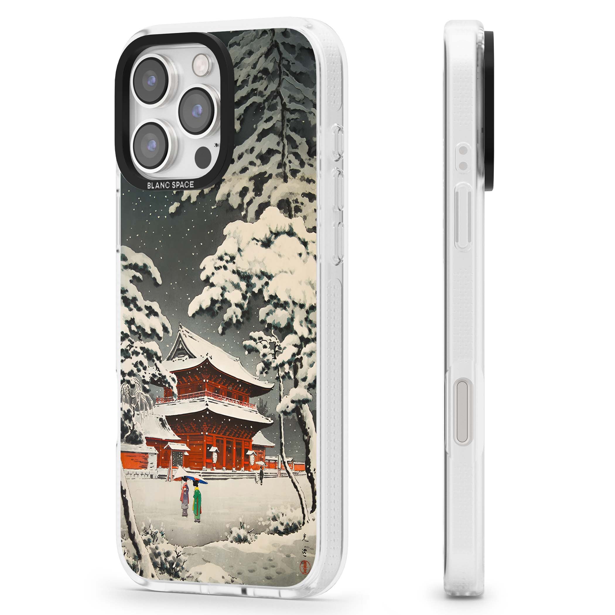 Snow at Shiha Park, Tokyo Japanese art iPhone case featuring a vintage ukiyo-e snowy temple, red pagoda, and snow-covered pin | Clear Case Impact Air case for iPhone 16 Pro, iPhone 16 Pro Max