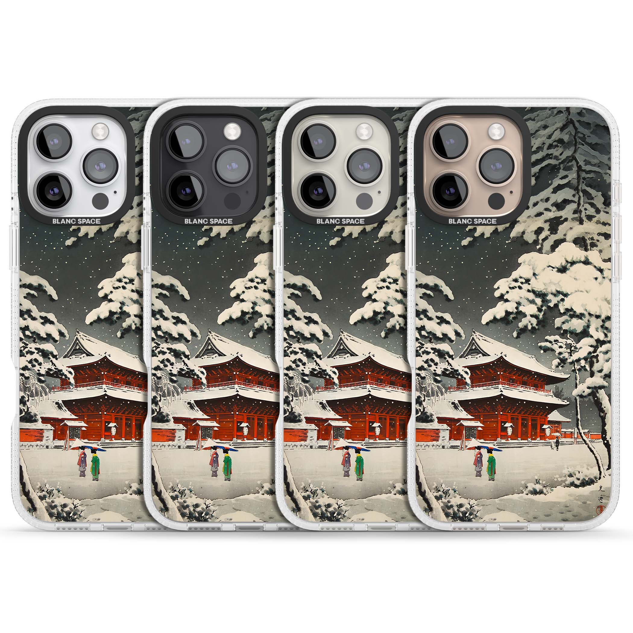 Snow at Shiha Park, Tokyo Japanese art iPhone case featuring a vintage ukiyo-e snowy temple, red pagoda, and snow-covered pin | Clear Case Impact Air case for iPhone 16 Pro, iPhone 16 Pro Max
