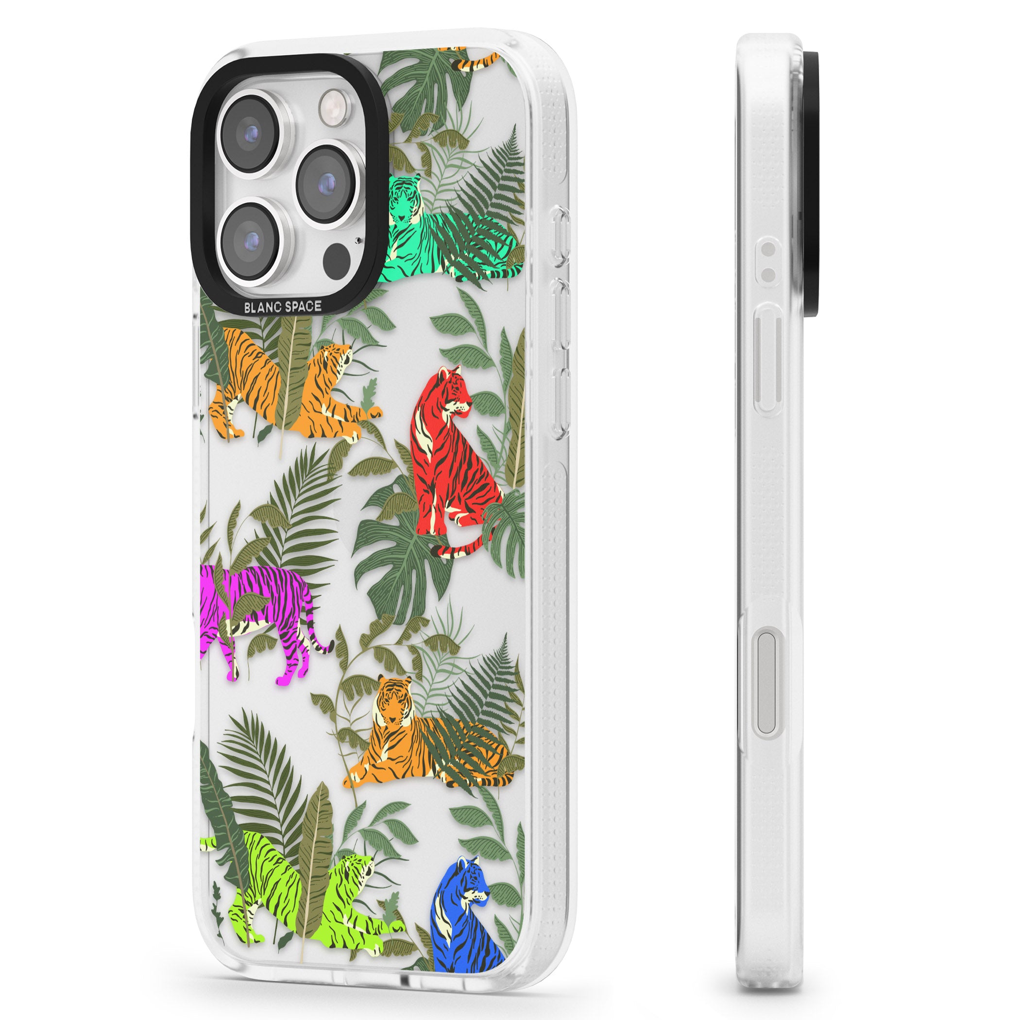 Colourful Tiger Jungle Cat Pattern iPhone 16 Pro Max / 16 Pro Clear Case Impact Air - Blanc Space