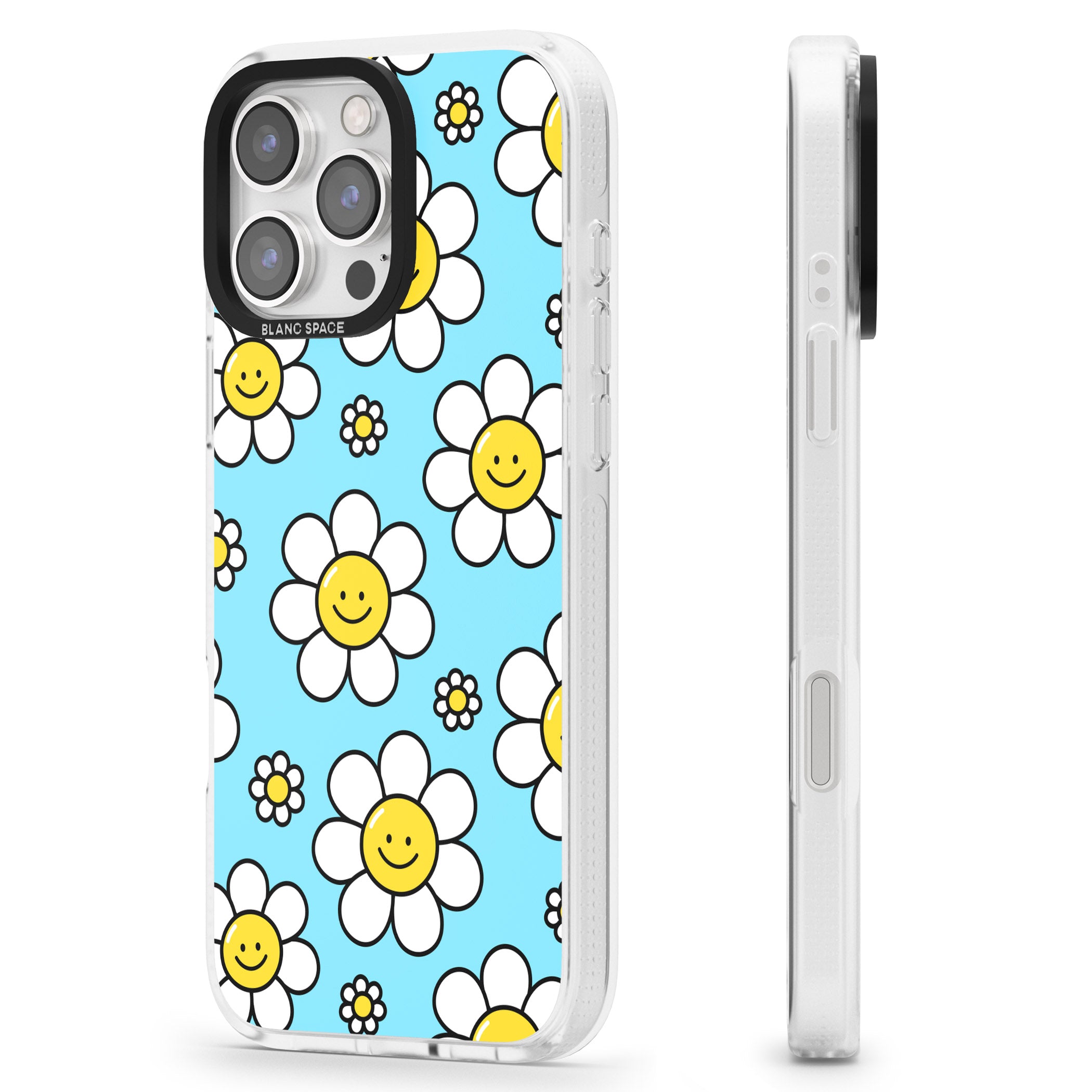 Daisy Faces Kawaii Pattern iPhone 16 Pro Max / 16 Pro Clear Case Impact Air - Blanc Space