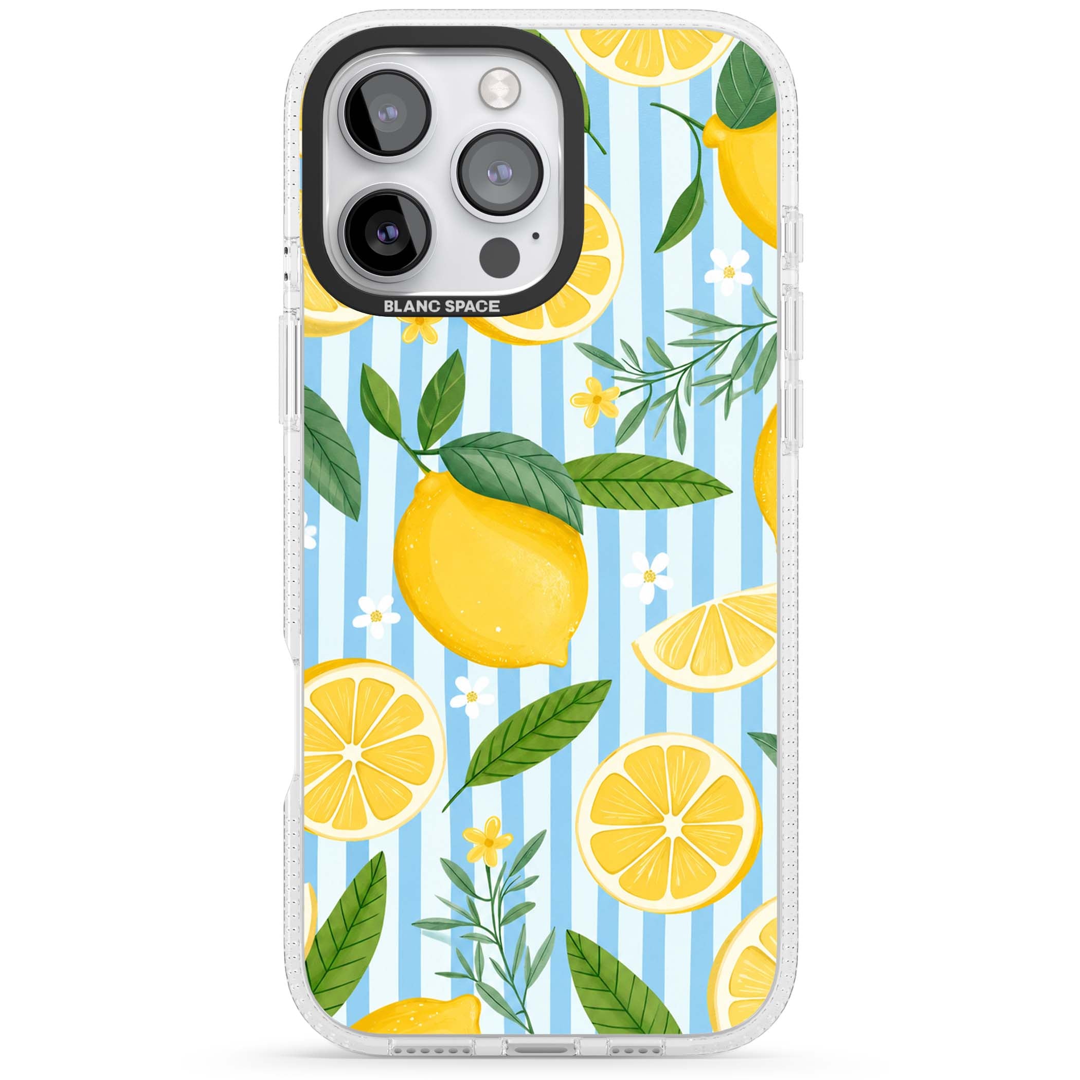 Capri Citrus Stripe coastal iPhone case featuring yellow lemons, blue stripes, and white daisy blossoms | Clear Case Impact Air case for iPhone 16 Pro, iPhone 16 Pro Max
