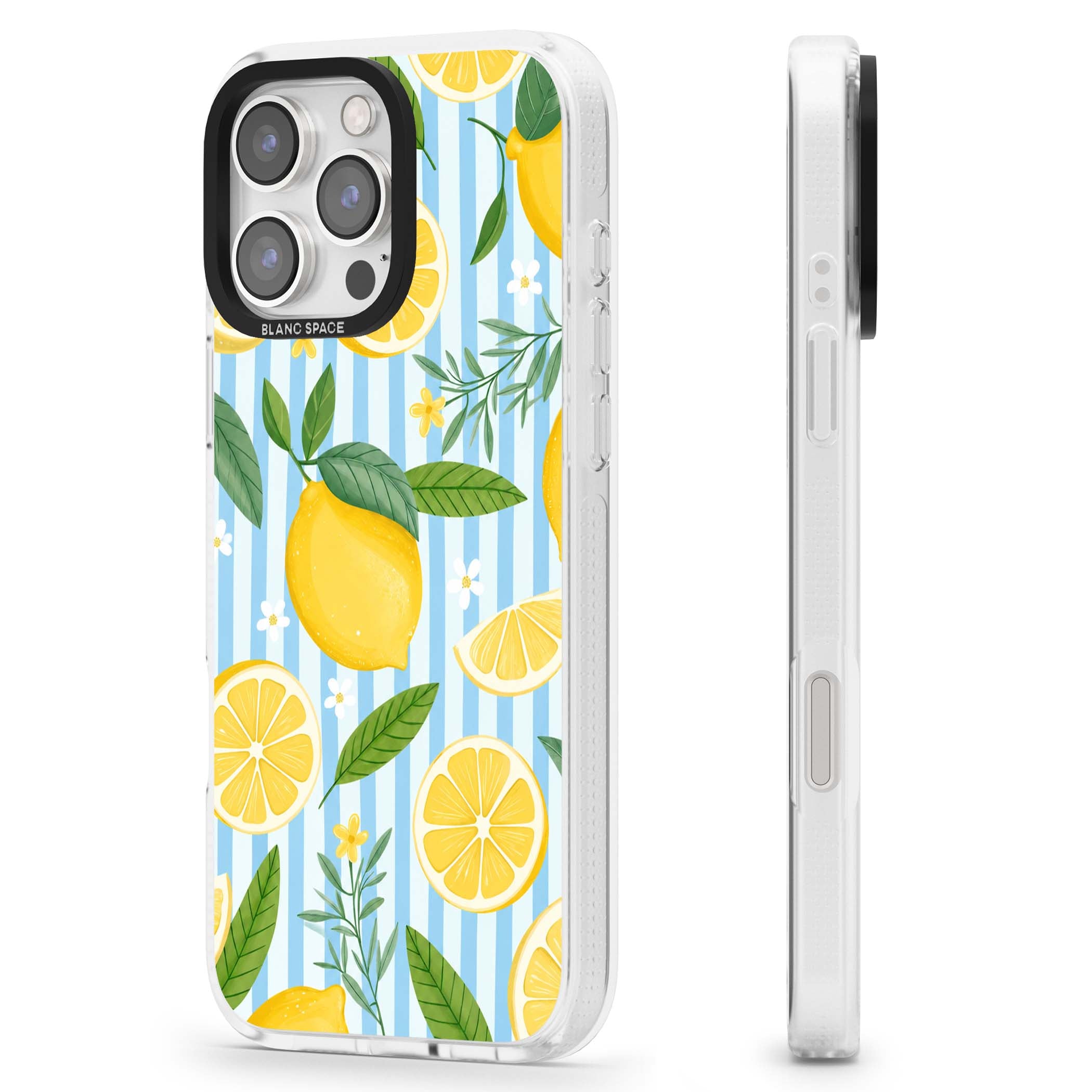 Capri Citrus Stripe coastal iPhone case featuring yellow lemons, blue stripes, and white daisy blossoms | Clear Case Impact Air case for iPhone 16 Pro, iPhone 16 Pro Max