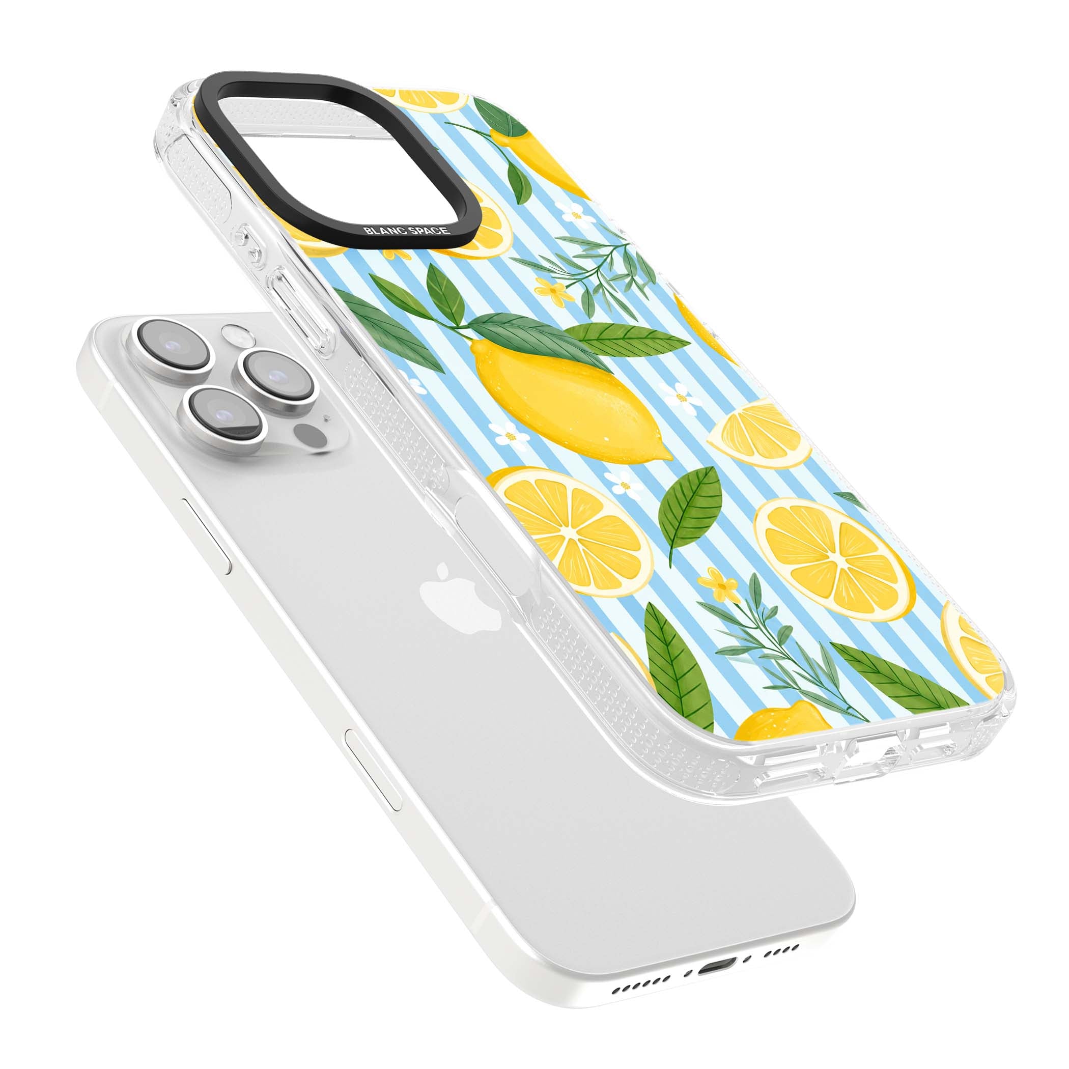 Capri Citrus Stripe coastal iPhone case featuring yellow lemons, blue stripes, and white daisy blossoms | Clear Case Impact Air case for iPhone 16 Pro, iPhone 16 Pro Max