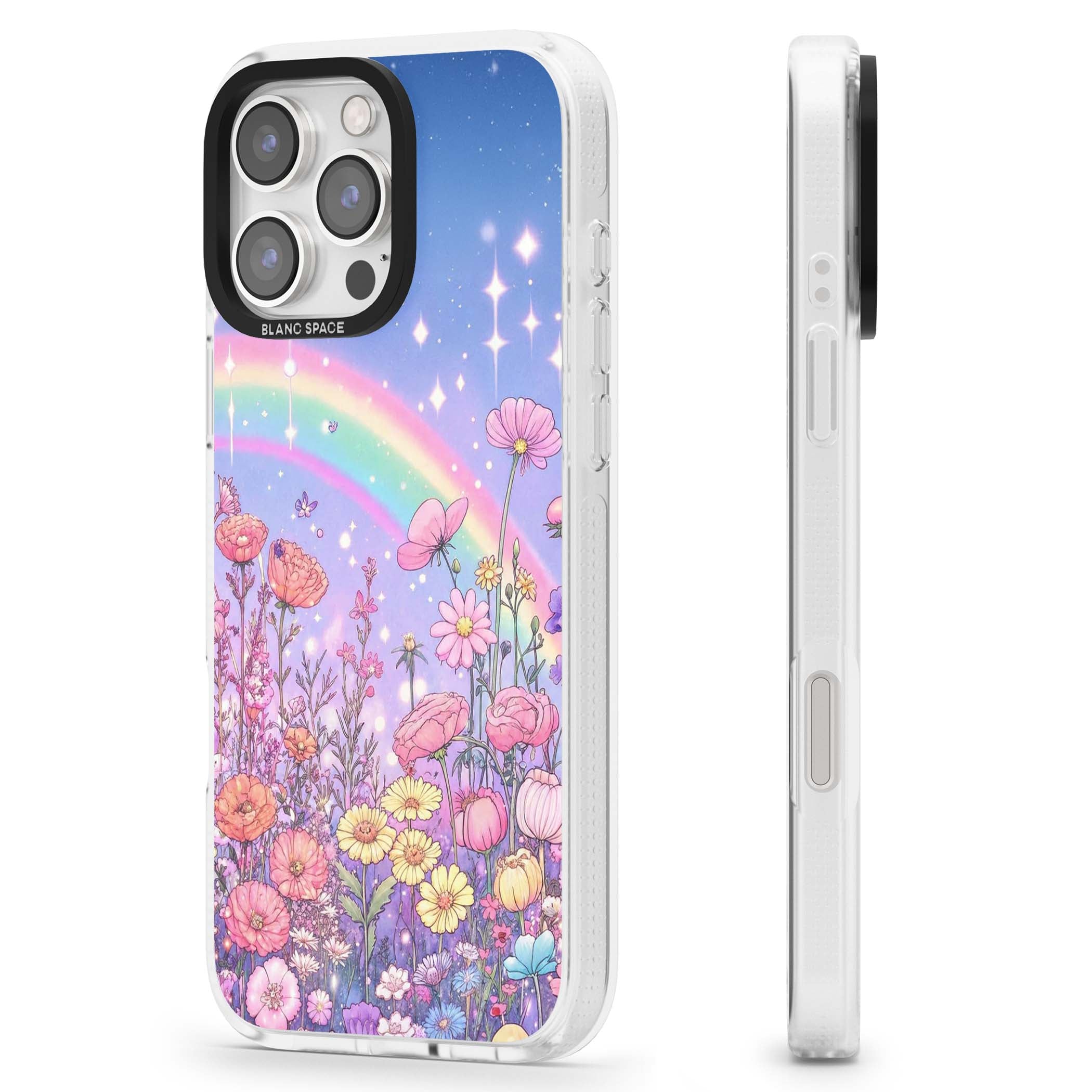 Magical Meadow fairycore iPhone case featuring a pastel rainbow, sparkling stars and a wildflower meadow | Clear Case Impact Air case for iPhone 16 Pro, iPhone 16 Pro Max
