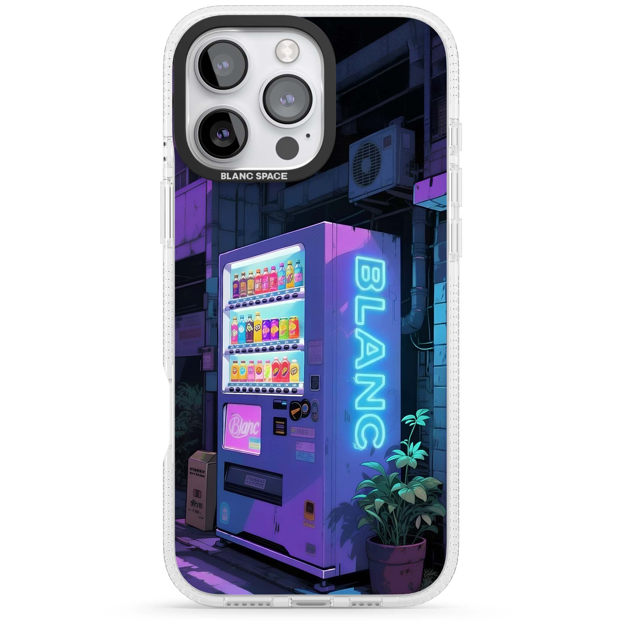 Shibuya Glow Japanese iPhone case featuring a glowing Tokyo vending machine, neon signage, and moody purple alleyway | Clear Case Impact Air case for iPhone 16 Pro, iPhone 16 Pro Max
