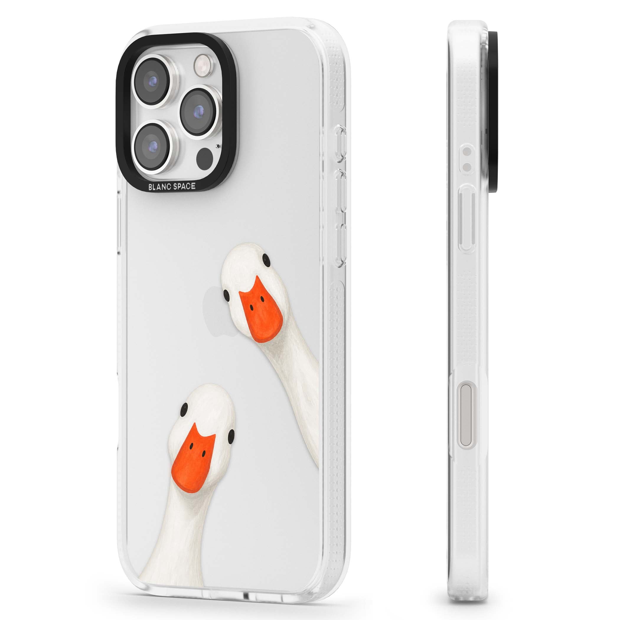 Nosy Ducks cottagecore iPhone case featuring two peeking white ducks with orange beaks on a clear background | Clear Case Impact Air case for iPhone 16 Pro, iPhone 16 Pro Max