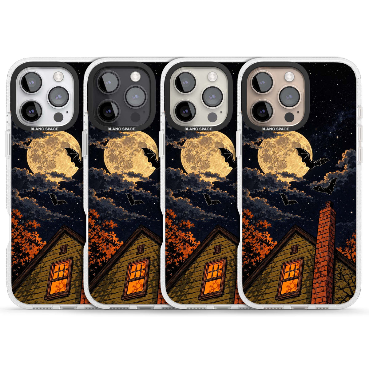 Hollows Eve Halloween iPhone case featuring a haunted house, full moon and flying bats against a starry autumn sky | Clear Case Impact Air case for iPhone 16 Pro, iPhone 16 Pro Max